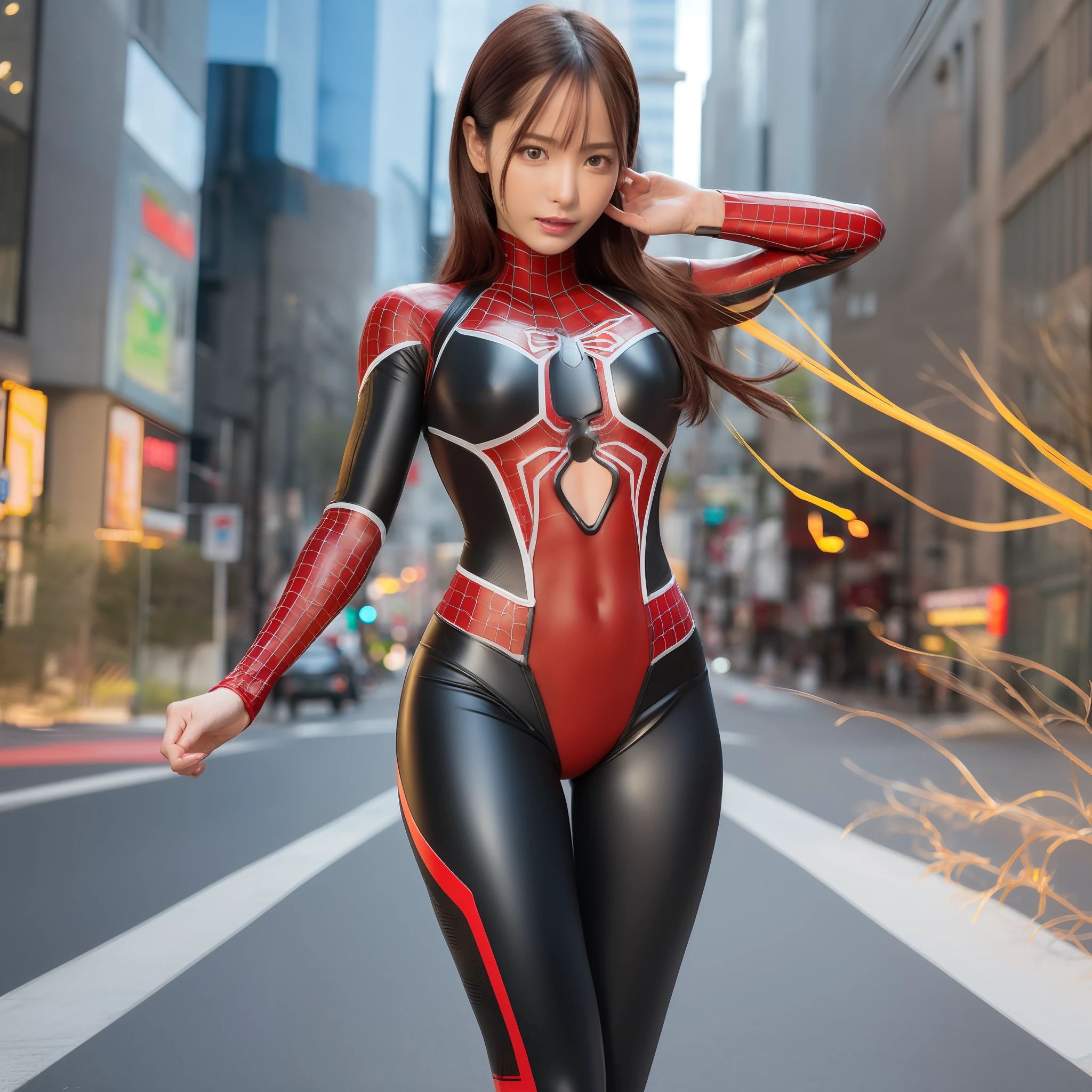 (1girl:1.3), Solo, (((Very detailed face)))), ((Very detailed eyes and face)))), Beautiful detail eyes, Body parts__, Official art, Unified 8k wallpaper, Super detailed, beautiful and beautiful, beautiful, masterpiece, best quality, original, masterpiece, super fine photo, best quality, super high resolution, realistic realism, sunlight, full body portrait, amazing beauty, dynamic pose, delicate face, vibrant eyes, (from the front), She wears Spider-Man suit, red and black color scheme, spider, very detailed city roof background, rooftop, overlooking the city, detailed face, detailed complex busy background, messy, gorgeous, milky white, highly detailed skin, realistic skin details, visible pores, clear focus, volumetric fog, 8k uhd, DSLR, high quality, film grain, fair skin, photo realism, lomography, futuristic dystopian megalopolis, translucent