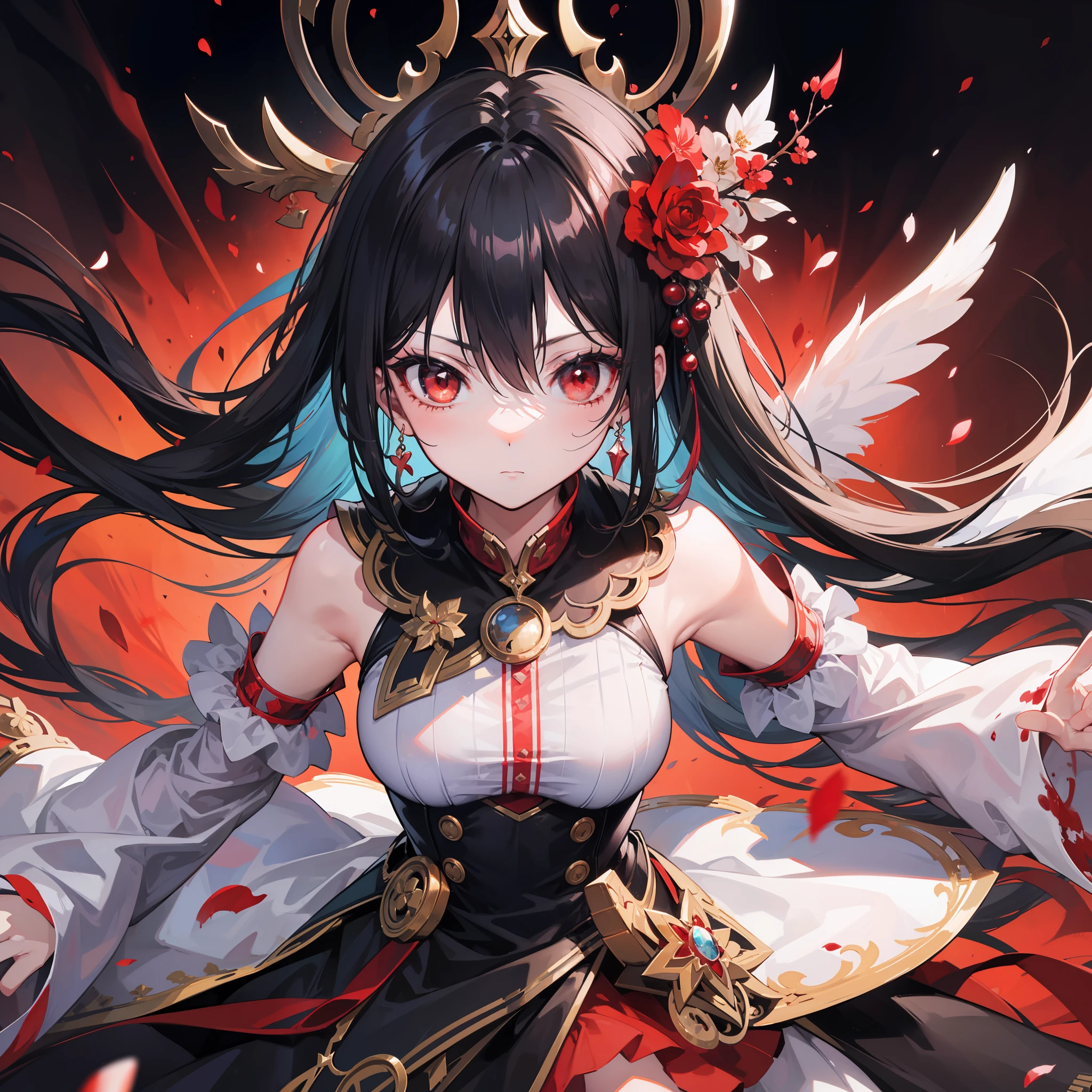 tmasterpiece+High-resolution image quality+Girl with a fine face,Long black hair that reaches the waist,Blood-red eyes,Gaze at the audience expressionlessly。