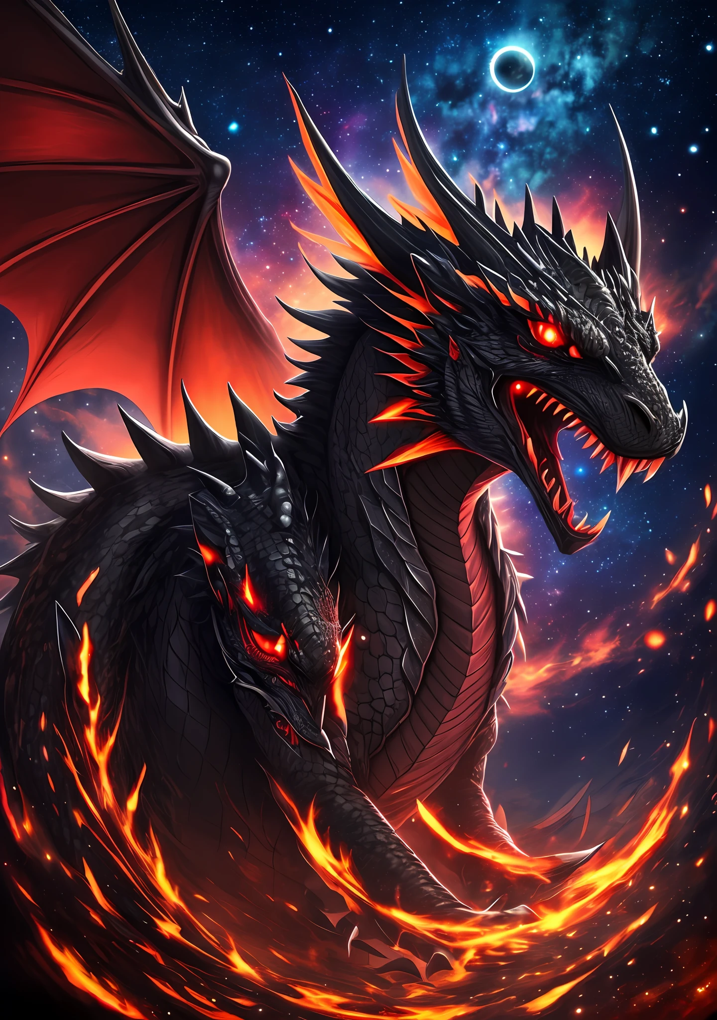 black dragon with glowing red eyes, night sky, universe --auto --s2