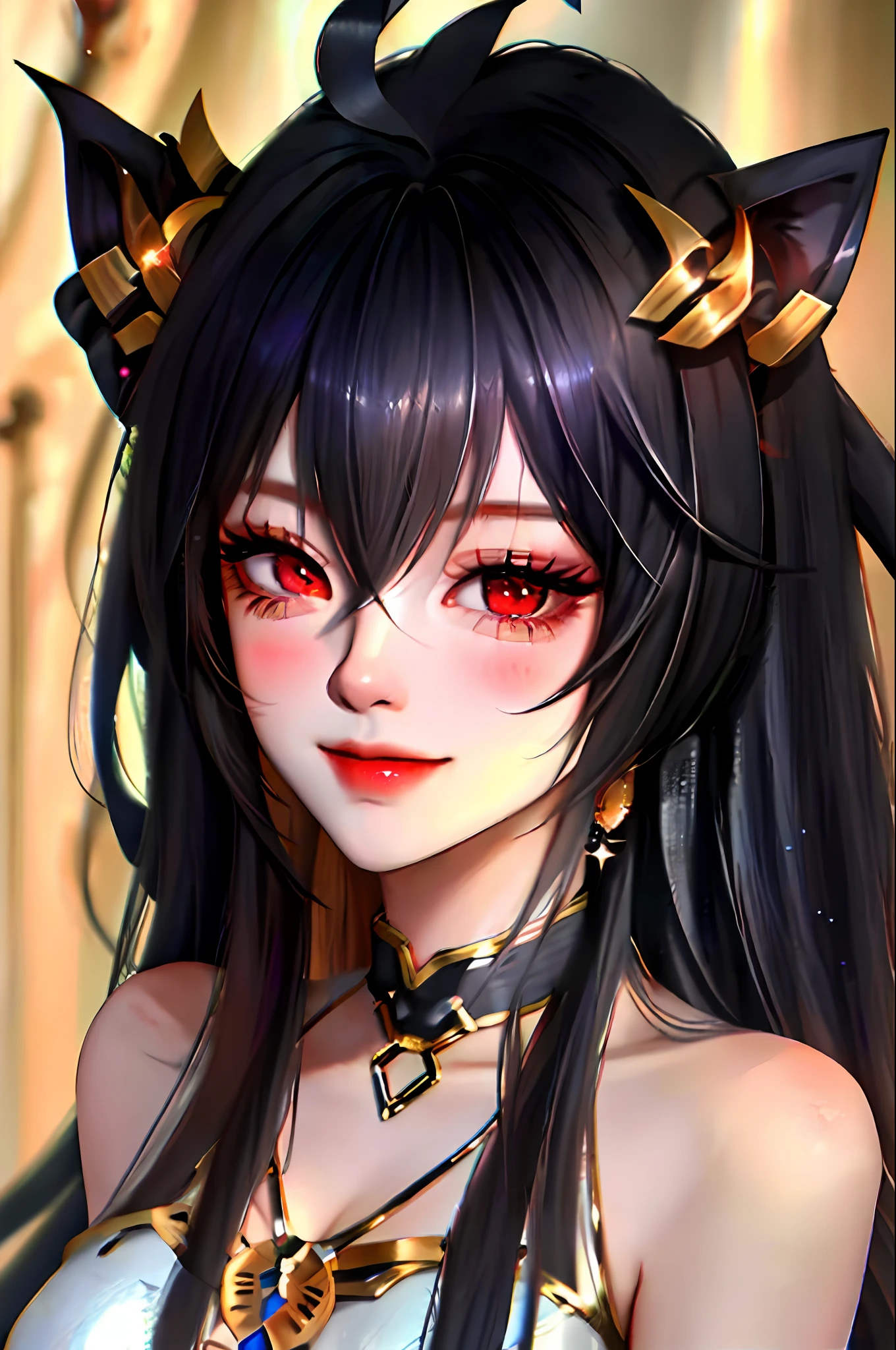1girll, ahoge, bangs, Bare shoulders, Black hair, Blush, Breasts, cleavage, 鎖骨, crossed bangs, dress, Earrings, hair between eye, hair adornments, Huge breasts, jewelry, Long hair, view the viewer, necklace, Official alternative costumes, one side up, parted lip, low-cut neckline, Red eyes, Sleeveless, Sleeveless dress, Smile, Solo, taihou \(azur lane\), Upper body, Very long hair, White dress,(Masterpiece:1.4),(Best quality:1.4),(Shiny skin)