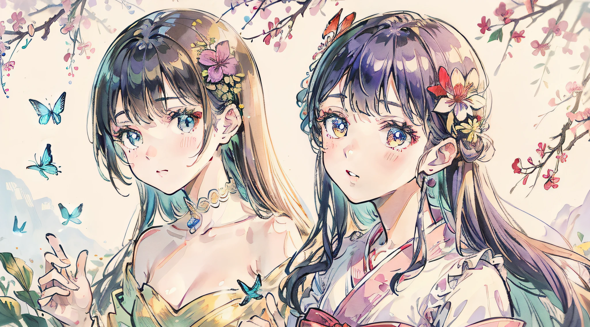 "masutepiece, (The highest image quality), ((best detailed)), Bokeh depth of field, Beautiful Girl, Beautiful face, natural、smart、A world of colors blooming, Flowers、colobutterfly, Fairy and colorful long dress."