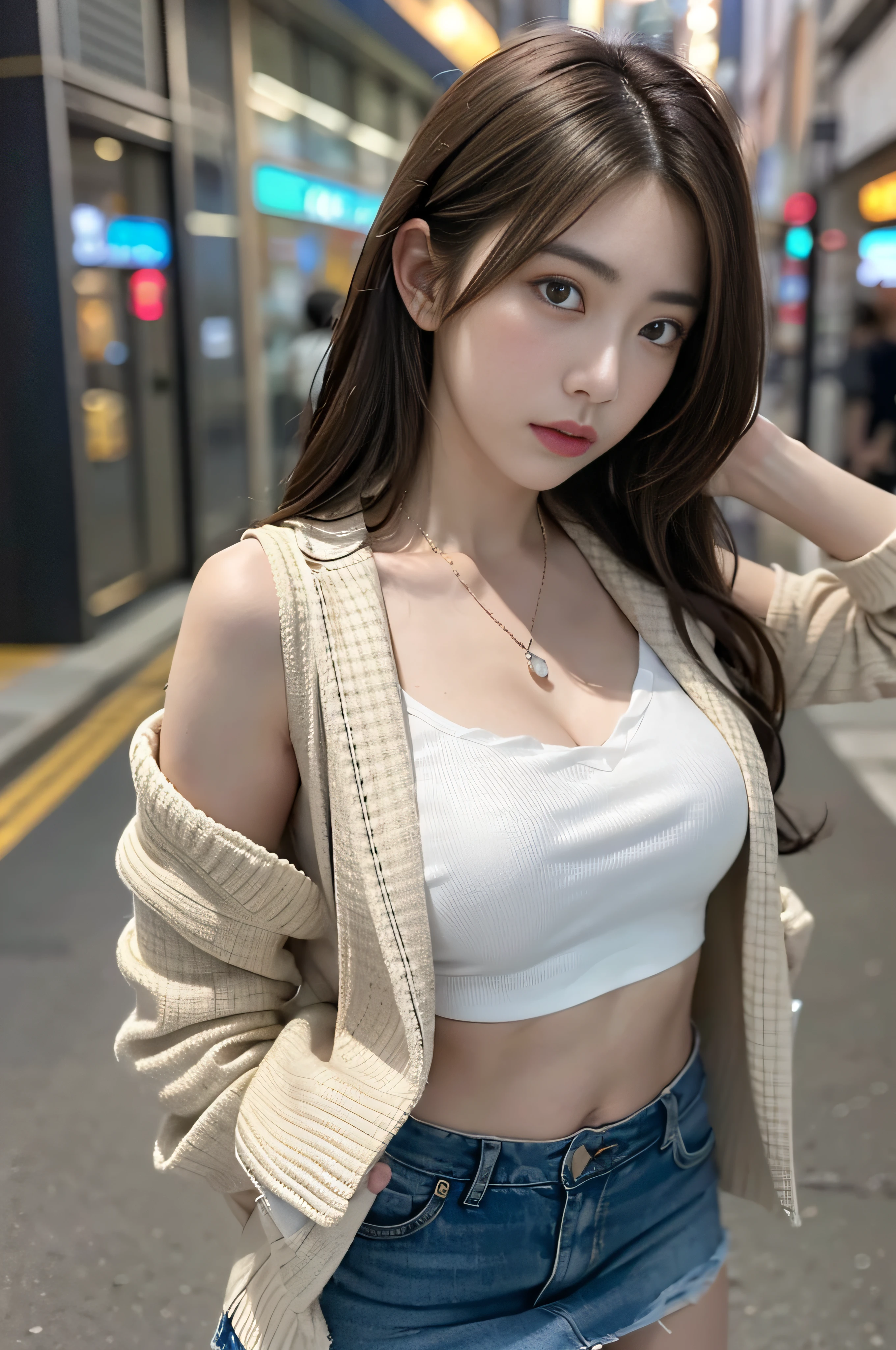 ((Realistic lighting、top-quality、8K、masterpiece:1.3))、Clear focus:1.2、girl with、perfectbodybeauty:1.4、Slim abs:1.1、((dark brown hair、Big:1.3))、(Acceleration:1.4)、Street、tall、Slender face、Narrow-eyes、二重まぶた、Swaying hair、Exposed cleavage、Exposed shoulders、Open jacket、Super Miniskirt、a necklace、Navel Ejection、Expression of melancholy、