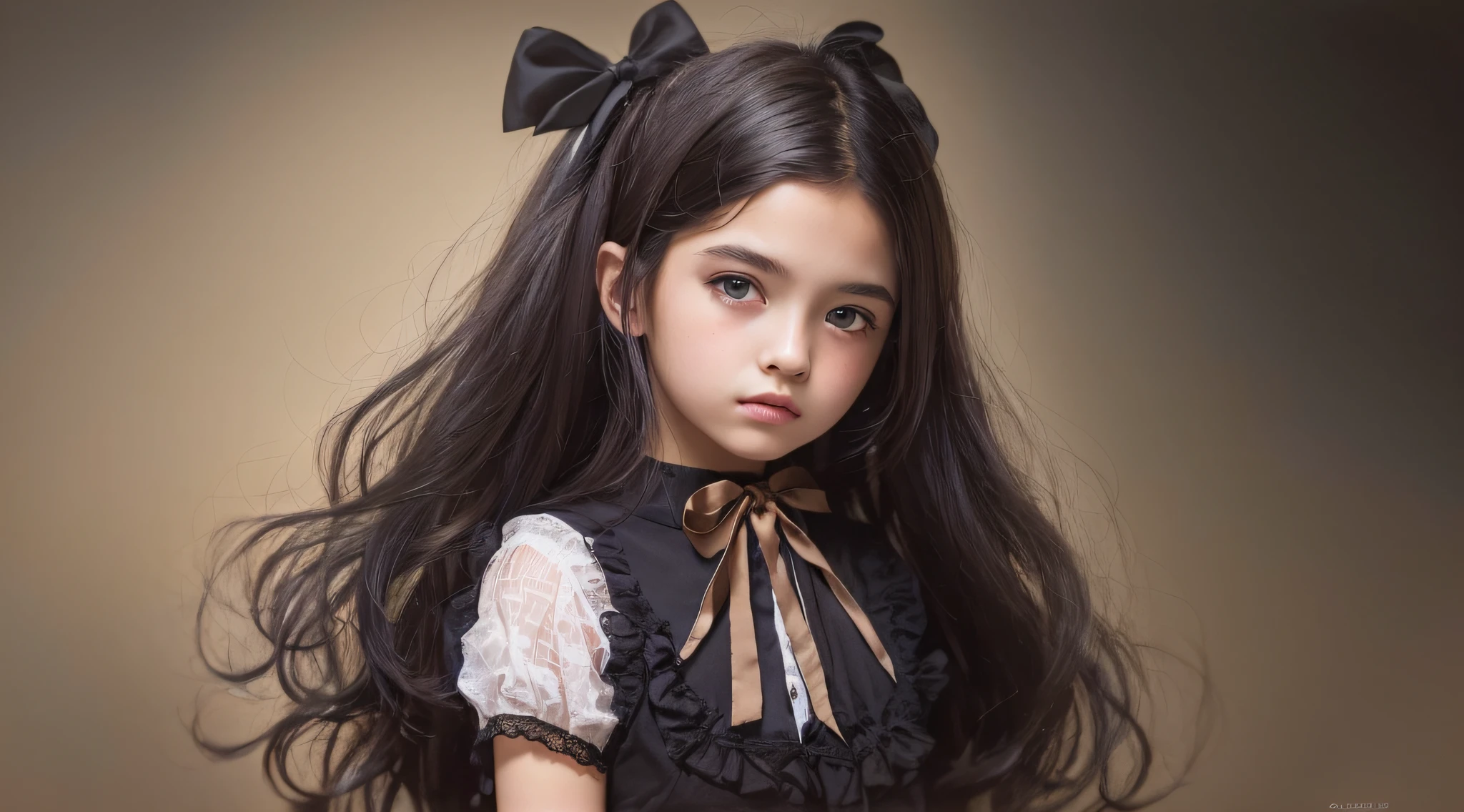 CHILD girl with a black bow and a black dress, girl with dark brown hair, girl with brown hair, black hair ribbons, a beautiful ager-old, wearing hair bow, young girl, brown hair and big eyes, half-length photo, photo of young woman, young, beautiful girl, she is about 1 6 ye