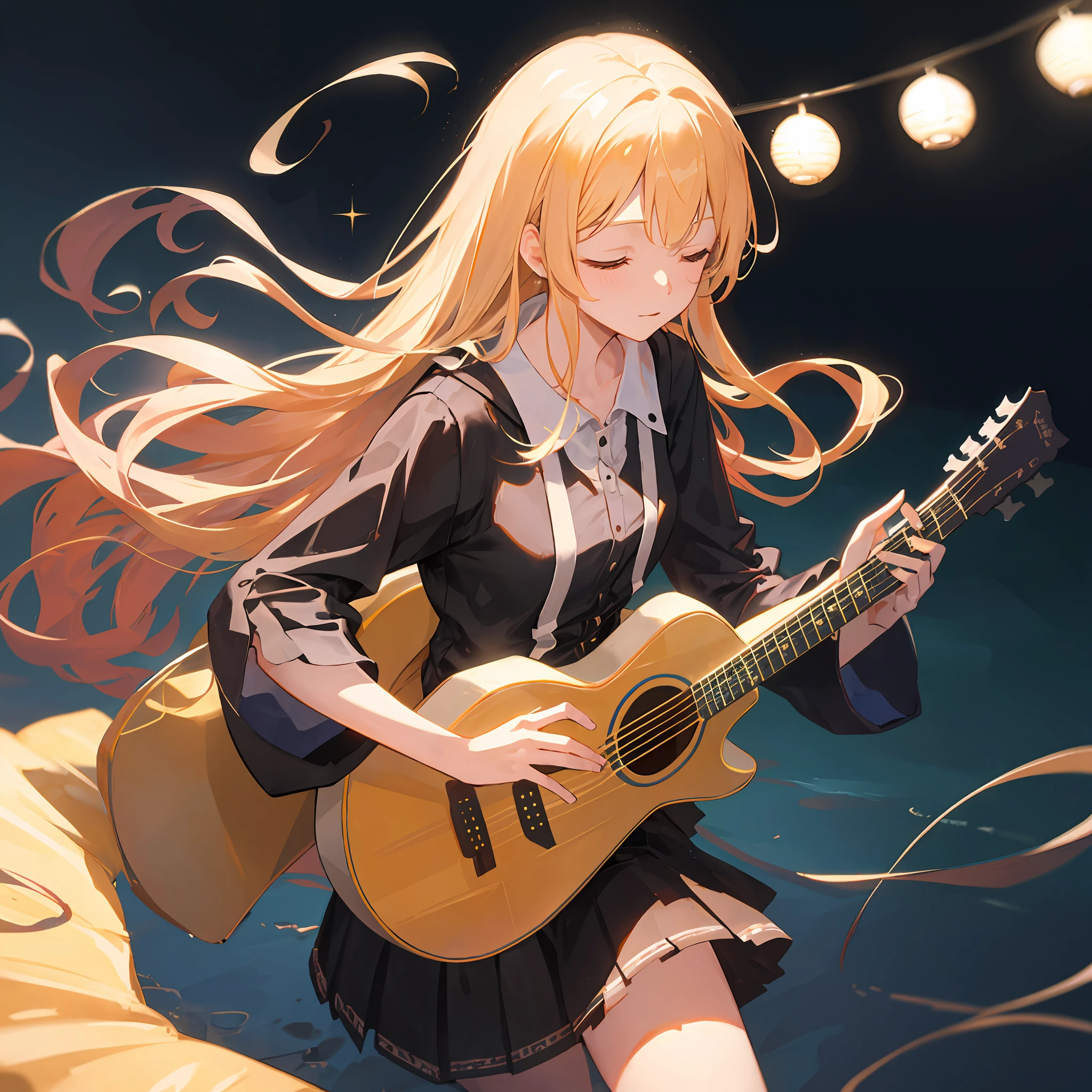 ((natta)),((acoustic guitar)),femele,Night view,Beautiful fece,Play with your eyes closed,high-level image quality,Only one acoustic guitar