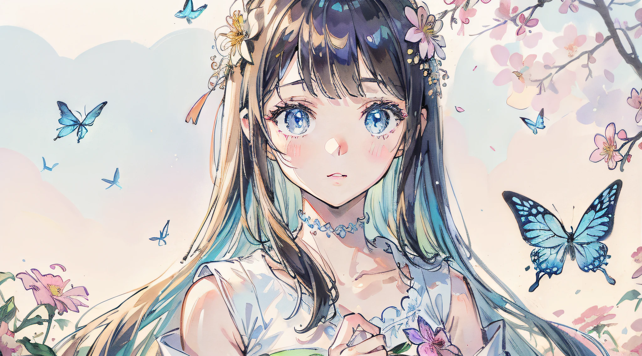 "masutepiece, (The highest image quality), ((best detailed)), Bokeh depth of field, Beautiful Girl, Beautiful face, natural、smart、A world of colors blooming, Flowers、colobutterfly, Fairy and colorful long dress."