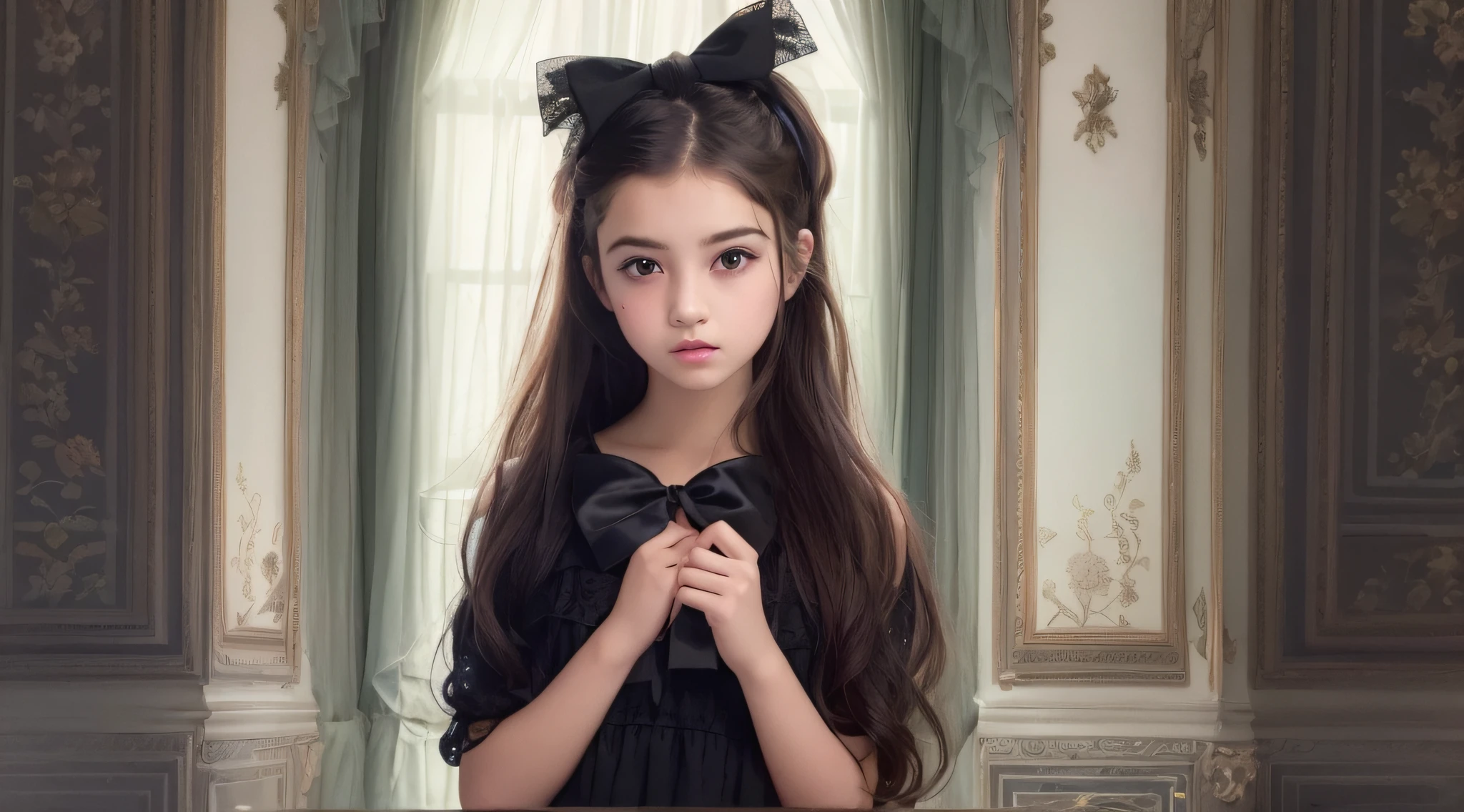 CHILD girl with a black bow and a black dress, girl with dark brown hair, girl with brown hair, black hair ribbons, a beautiful teenager-old, wearing hair bow, young girl, brown hair and big eyes, half-length photo, photo of young woman, young, beautiful girl, she is about 1 6