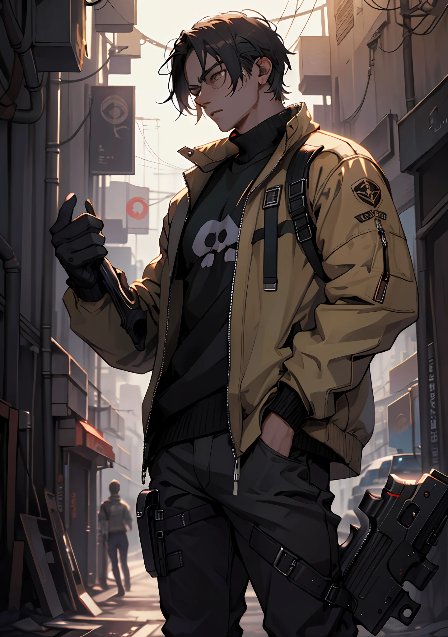 ultra detail, high resolution, ultra detailed, best quality, amazing, top quality, extremely detailed CG unity 8k wallpaper, cinematic lighting, cat fanboy, cyberpunk, dark boy, Short hair to the nape, centre parting hair, Hands in pants pockets, gun