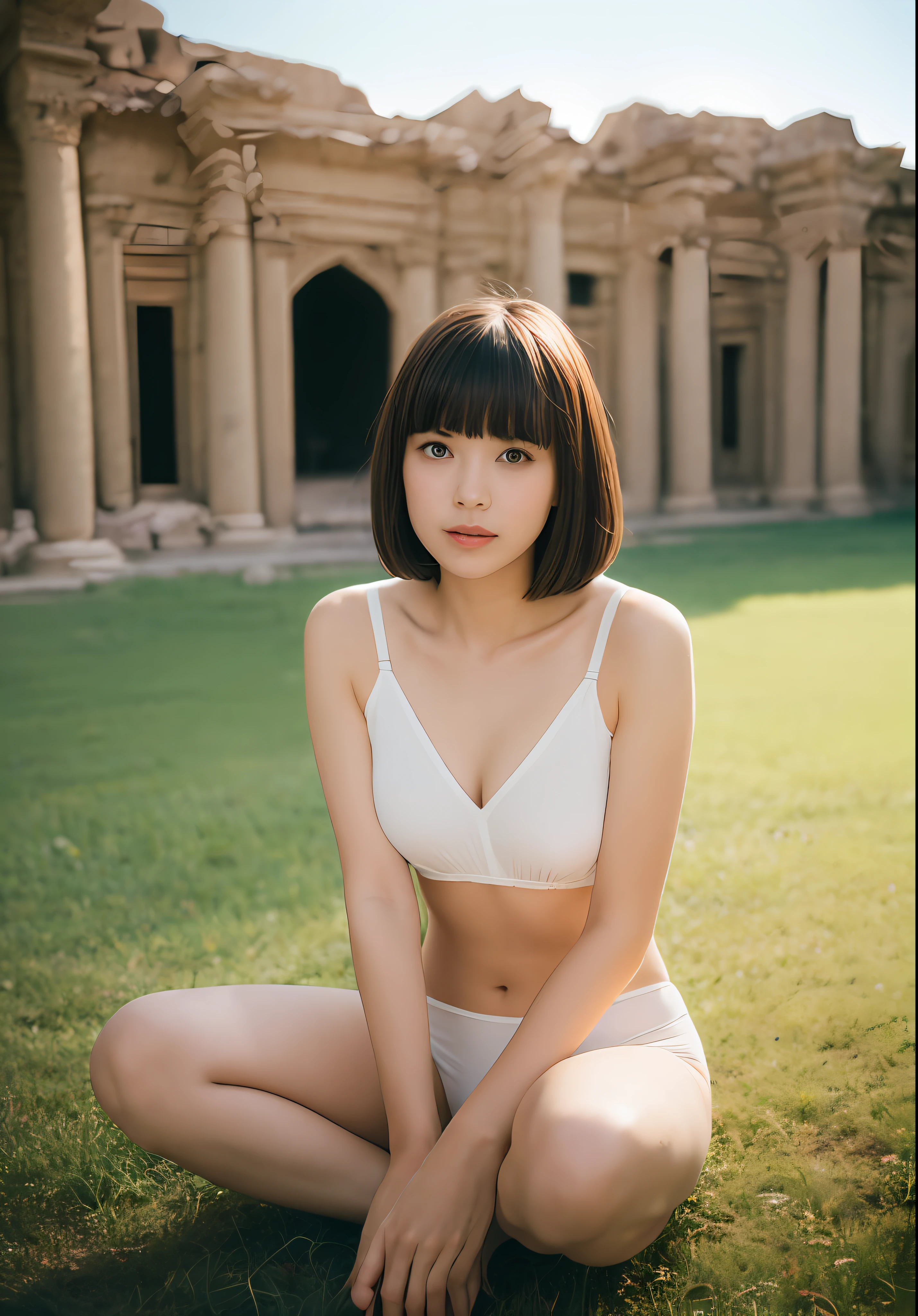 女の子1人、a blond、On-eyebrow bangs、Shave your hairline、Shaved temples、Shaved nape、Nicely aligned neckline、Bob-cut hair、Sit on the floor with your back straight、Open legs、Wearing white underwear、Inside the ruins of Petra、fullllbody、perfect anatomia、depth of fields、Center the subject、Spiritual silence、Transcendental tranquility、Shyness、absurderes、nffsw、(Photorealsitic:1.4)、extra detailed face、Raw photography、film grains、Deviantart Trends、a scene from a movie、Natural Day Light