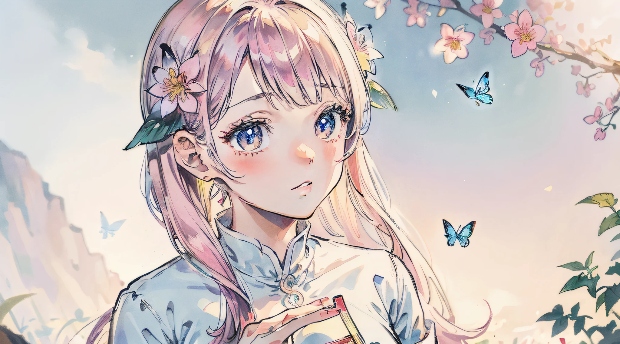 "masutepiece, (The highest image quality), ((best detailed)), Bokeh depth of field, Beautiful Girl, Beautiful face, natural、smart、A world of colors blooming, Flowers、colobutterfly, Fairy and colorful long dress."