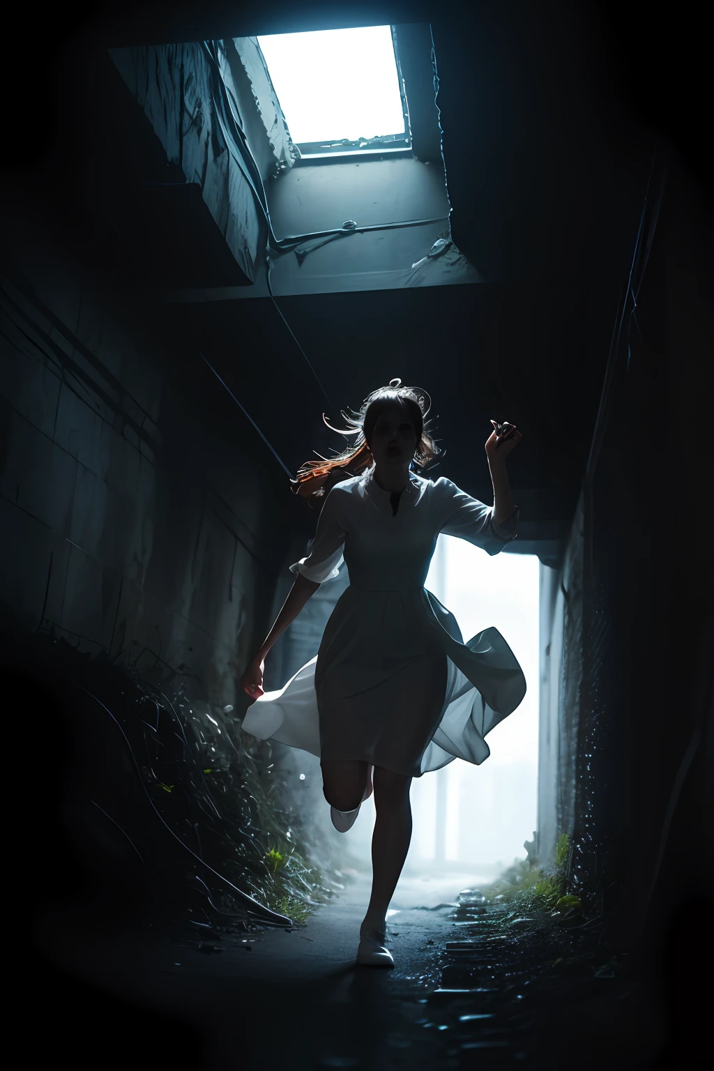 horror art, dread, Best quality, masterpiece, ultra high res, (photorealistic:1.4), 1girl, white dress, white socks, Action shot of terrifying ghost chasing after the viewer, dynamic running, in a decrepit underground tunnel in Hell, creepy, unnerving, unsettling, terrifying, 80mm, horror lighting, dynamic action