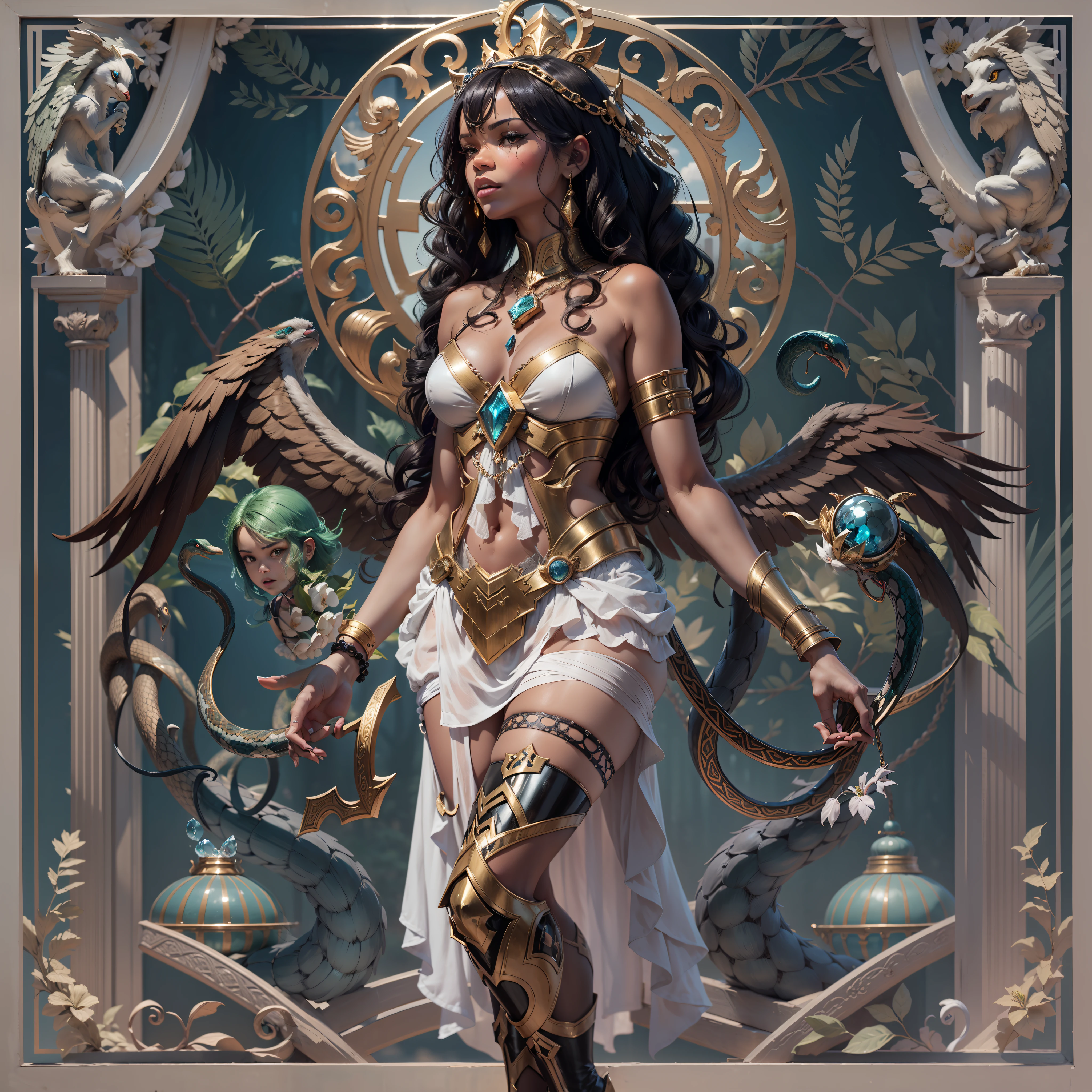 Caduceus Hermes mythology surmounted wings surrounded intertwined snakes Medusa_hairs_Snakes Outdoor Nature "Ouroboros" Forest Natural Queen Native éblouissantes Valkyrie-wings clef chains "Heavy Metal" Will-o'-the-wisp Fire-follets fairy pixie sprite conceptual safe female glamour aesthetic walking slow motion Cosplay "Nicki Minaj":1.5 "Rihanna":1.5 "beyonce":1.5 aristocratic jacket 38years symmetrical athletic bronzé hairstyle_snakes:1.5 obvious varied ecstatic fringes:1.5 visages:1.5 cheekbones effects reddened embarrassed lazuli water drop between eyes beautiful hair:1.5 Brown Eyes Pupils Black Iris Turquoise Sapphires Open Mouth Teeth Smiles Floating Jacket Fixed Pearls Eccentric Cape Levitating Shoulders-Off:1.2 chemise blanches dentelles clavicules papillotes varied breasts1.5 points:1.3 satin sideboob felt bikini:1.5 corsait:1.5 spinels thick navy leather skirt:1.5 soies assortie amples nombril:1.3 revealing pubic scarlet pubis-hairy obvious indigo underwear:1.5 Size chastity belt:1.3 silver adorned padlock Gold thighs legs garters Gothic stainless steel boots decorated onyx equirectangular 360 monastery opal marble ruby background:1.5 DoF mannequins lantern dressed armor richly decorated:1.5 "Chevaleresque" dramatic chrome metallic flat bands fathoms brass fullbodye lys rune ornate emerald plasma embroidered glyphs Tourmaline wood engravings lava magic intricate:1.5 summons snake incandescent Crystalline familiar robot Mecha (EOS R6 135mm 1/1250s f/2.8 ISO400) Mech Mechanized snakes flowering Quetzalcoatl:1.5 Adaptable volumetric luminescence saturated:1.5 ultra:1.5 pro-photorealists:1.5 optimaux:1.5 qualities:1.5 details:1.5 precise:1.5 reflex:1.5 resolutions:1.5 3dcg max:1.5 graduates:1.5 improved:1.5 Octanes_rendues:1.5 UHD XT3 16K DSLR HDR UnrealEngine5 profondeurs:1.5 Earth Heart:1.5 Hearth ultra_sharpness:1.5 ombres analogiques:1.5 CGSCOSITY pet chef-d':1.5 "Bruce Weber girls" multi etc.