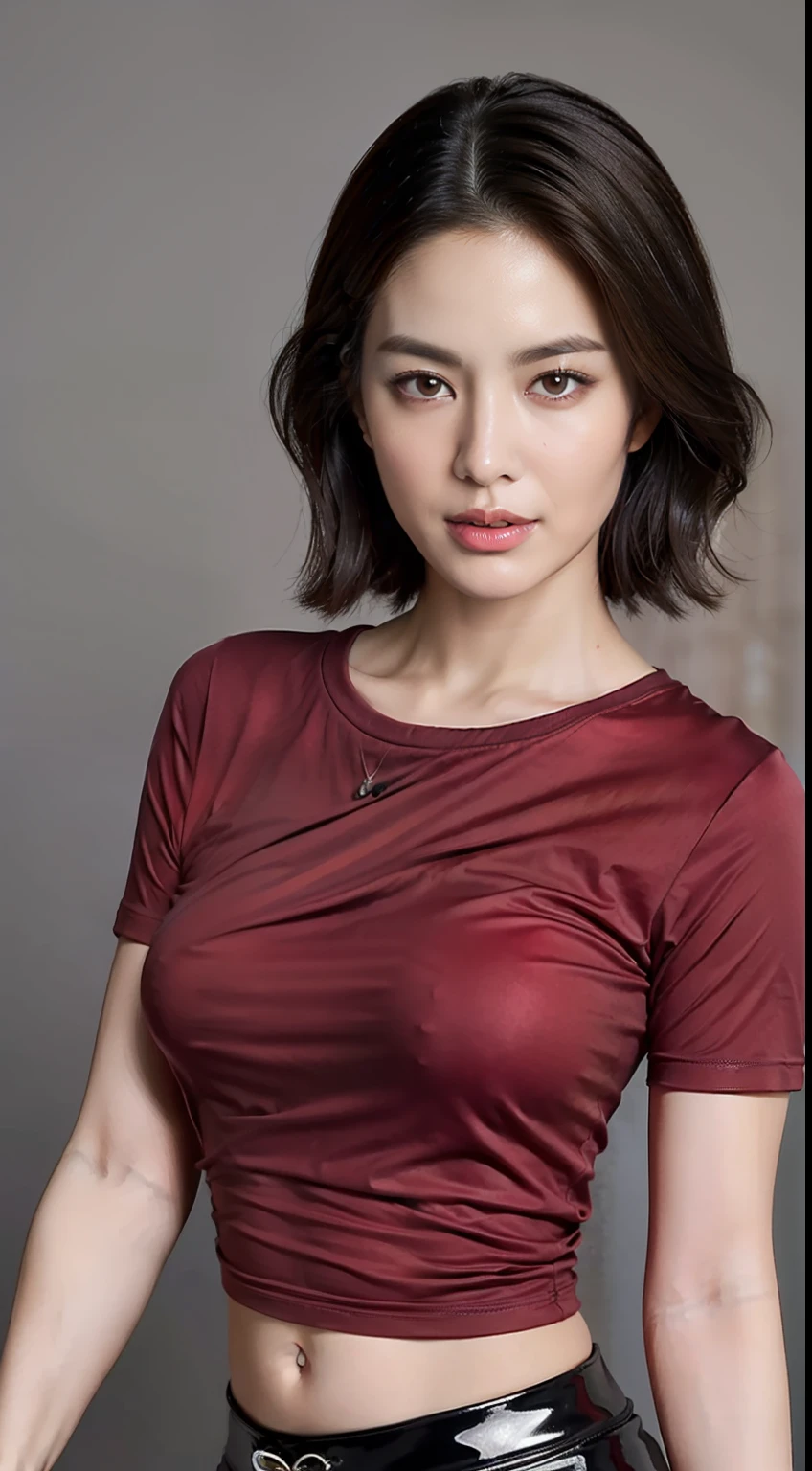 ((top-quality)), foco nítido:1.2, Beautiful woman with perfect body shape:1.4, Slender Abs:1.1, ((dark brown short hair、Colossal tits:1.2)), (Shiny Red Tight T-Shirt, The sheen、Standing Black Spats:1.2), Detailed face and skin texture, A detailed eye,Pulling an electric guitar、live house