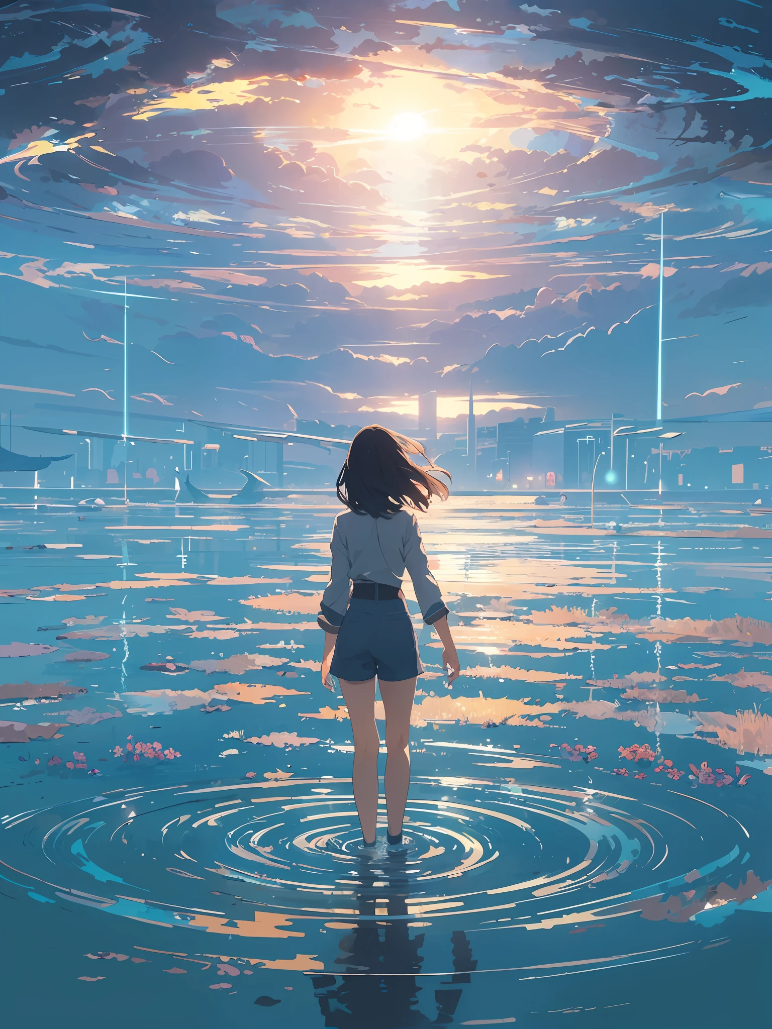 ((masterpiece)), best quality, anime art wallpaper 8 k, anime girl walking on water, ripples, backdrop of dawn, saturn in the background, illustration, concept art, anime, key visual, trending pixiv fanbox by wlop and greg rutkowski and makoto shinkai and mamoru hosada and studio ghibli