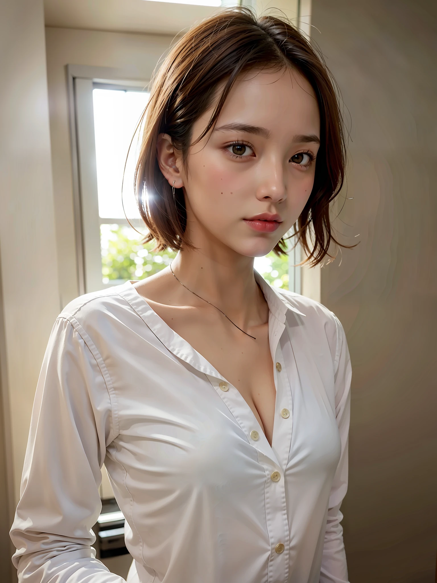 ((top quality, 8k, masterpiece: 1.3, raw photo)), Sharp Focus: 1.2, (1 aespa girl: 1.2), (Realistic, Photorealistic: 1.37), (face focus: 1.1), cute face, ultra detailed face, small breasts, flat chest, short messy hair, (wet White button up long shirt :1.1), wet body, standing bathroom, water shower, sunlight, movie lighting,