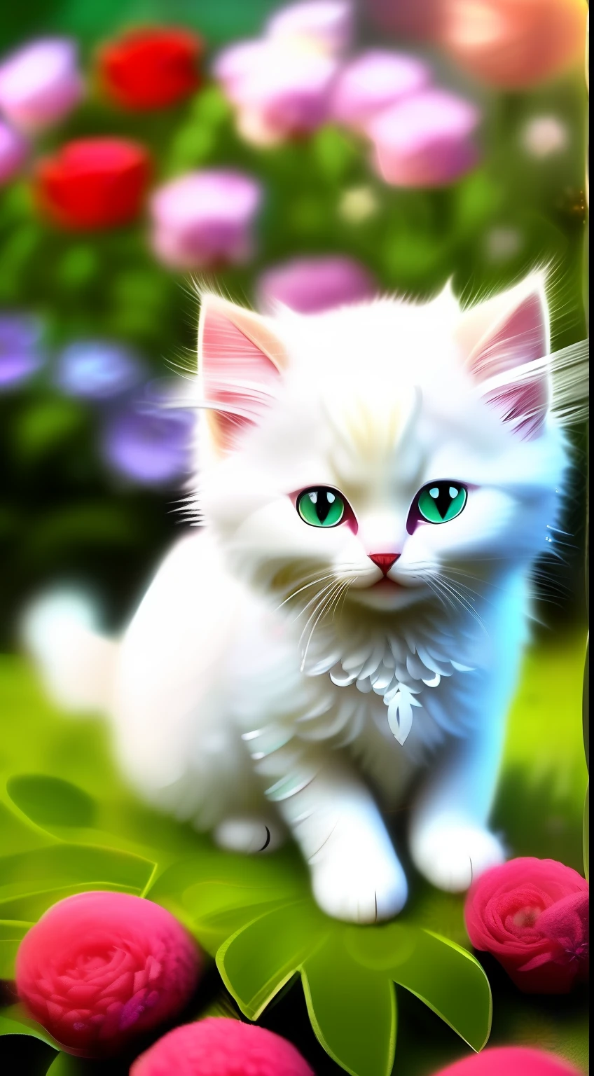 A white-haired kitten, shaggy,sparkle eyes,Jewelry and flowers in the background,ssmile,Round box,Catstravaganza