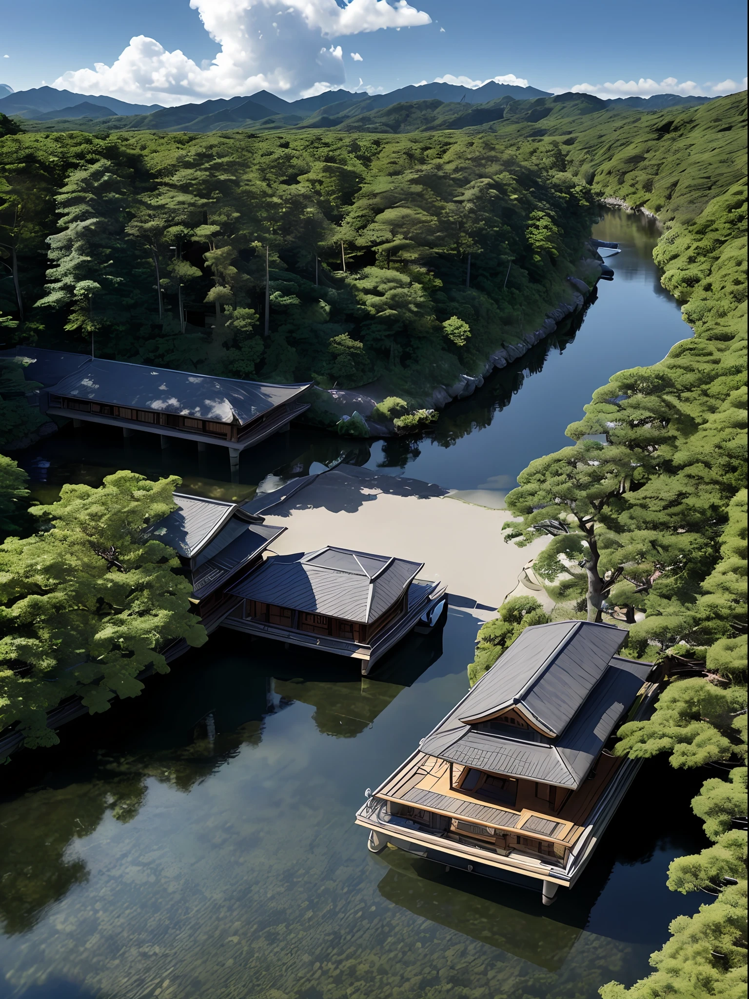 (masterpiece),(high quality), best quality, real,(realistic), super detailed, (full detail),(4k),8k,no humans, scenery, building, Japanese architecture, cloud, sky, east asian architecture, outdoors, day, small trees, no floating houses, realistic,