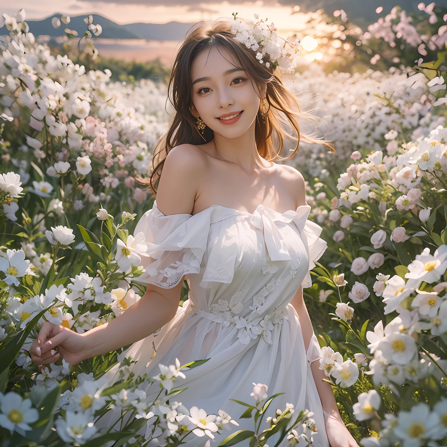 Best quality, masterpiece, ultra high res, (photorealistic:1.4), raw photo, 1girl, white dress, off shoulder, blossom flower field, glowing skin, light smile