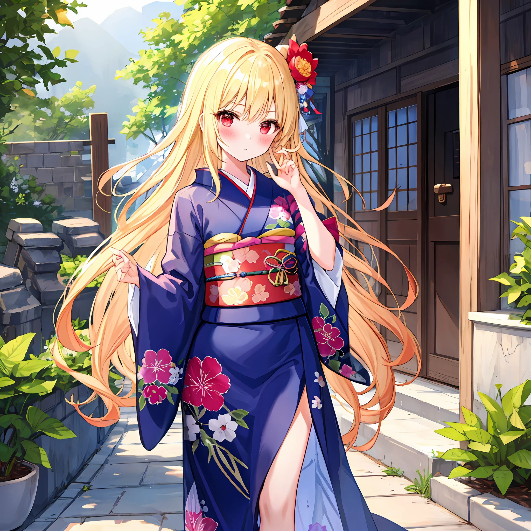 red blush、blonde hair、red eyes、Beautiful girl alone、animesque、独奏、Kimono、florals
