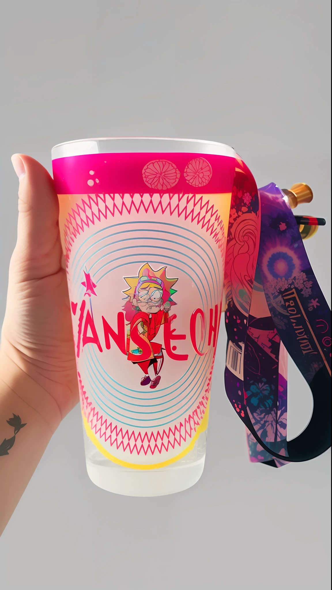 a glass with a cord over it, with psychedelic art, Rick e Morty, rave , tenda ,vj
