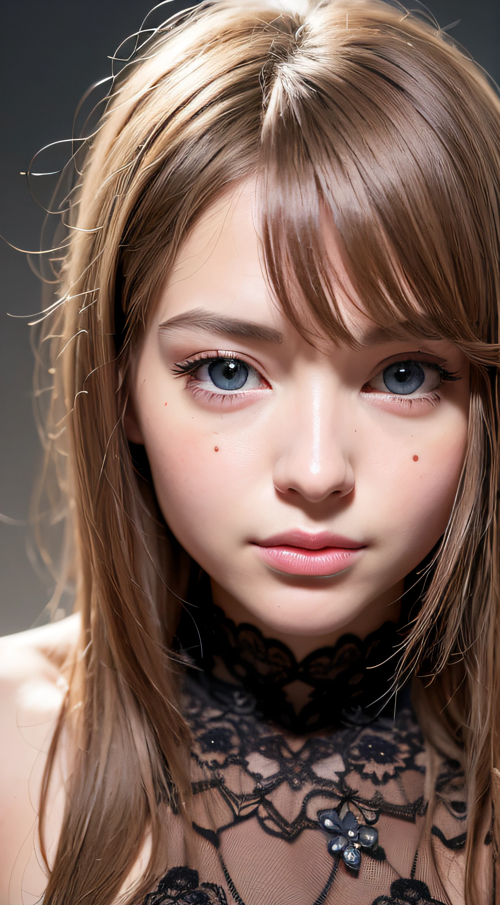 (realistic, photo-realistic:1.37),(8k, RAW photo, best quality, masterpiece:1.2), cute, ultra-detailed,heart-shaped pupils,physically-based rendering, ultra high res, kodakvision color, shot on Arricam LT Camera, bokeh, sharp focus,
looking at viewer,photorealistic,realistic, solo, photorealistic, best quality,extremely detailed face,extremely detailed eyes and face, beautiful detailed eyes,absurdres, incredibly absurdres,haunting smile,Messy hair, floating hair, ,