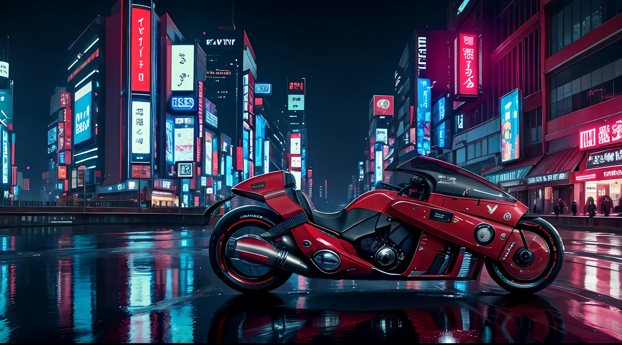 official art, unity 8k wallpaper, ultra detailed, beautiful and aesthetic, masterpiece, best quality, realist, long hair, black hair, akirabike red, cycling, night, cyberpunk city view, epic screen, cyberpunk uniform,