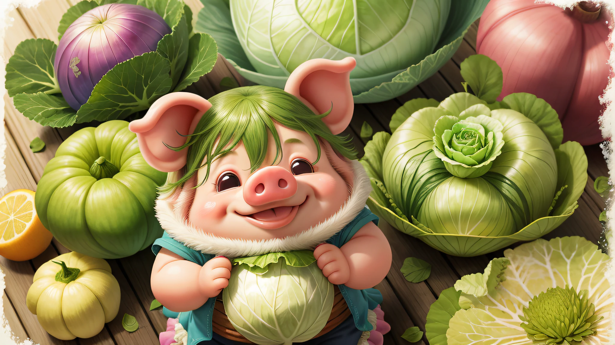A pig，Holding cabbage，Nibble on cabbage，rejoice，cheerfulness，blissful，