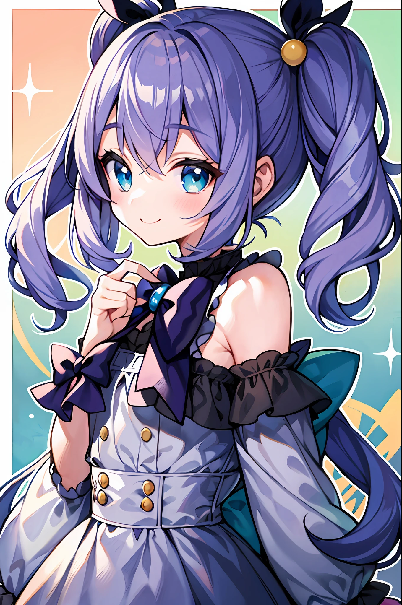 an anime girl、独奏、Yume Cute、Sickly cute、Harajuku、Head and body are low、PastelColors、Casual coordination、frilld、bow ribbon、Dynamic Poses、Lively impression、head to waist、A smile、Big eyes、Kitschy aesthetics、Details you may miss when flashing、Pastel background with fluffy motifs