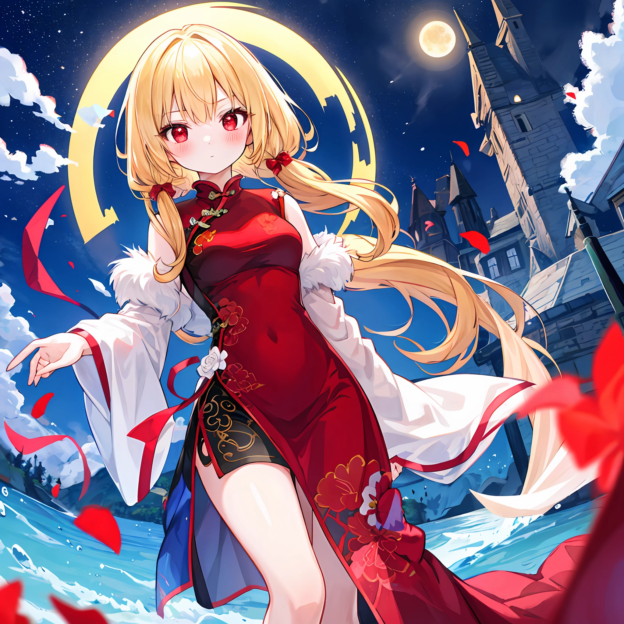 a blonde girl、red eyes、独奏、red blush、qipao dress、florals、a moon、natta、LONELY