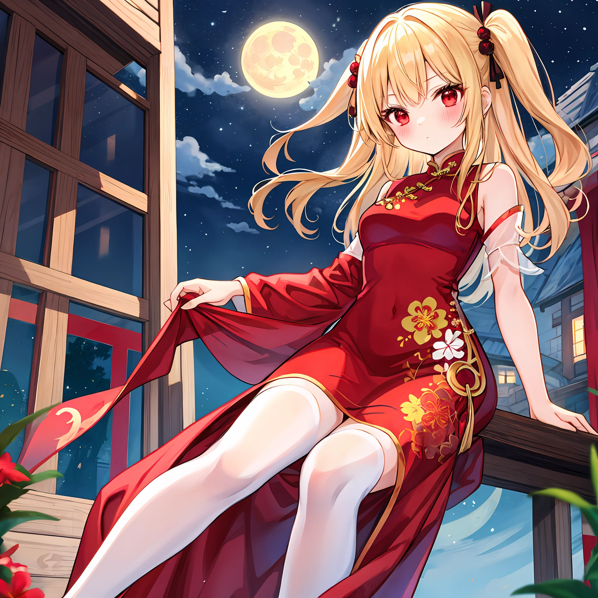 a blonde girl、red eyes、独奏、red blush、qipao dress、florals、a moon、natta、LONELY
