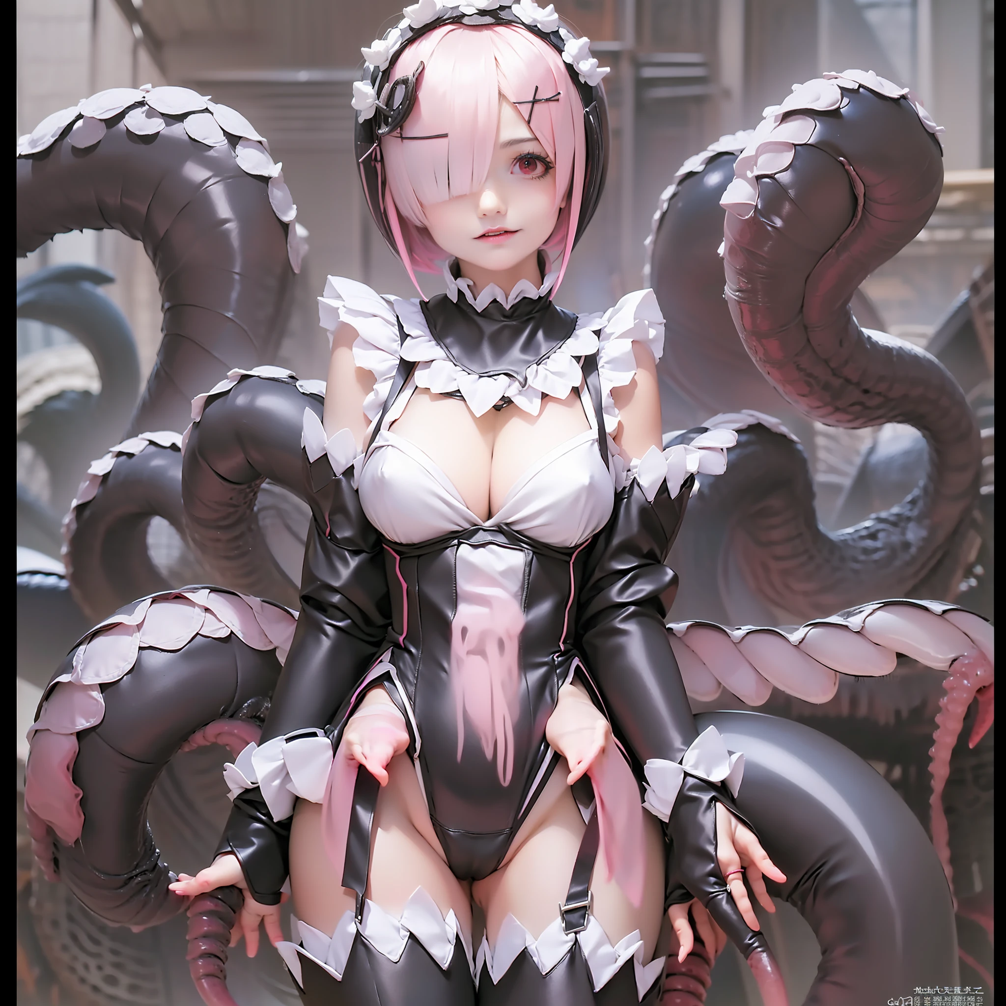 masterpiece, top-quality, Hi-Res, (((Ram))), (((Ram(Re:Life in another world starting from scratch)))), ((((((Evil Fall)))))),(((((((Creatureization))))))), (((((Parasitized))))),(((((tentacle clothes))))), ((((((Leotard))))), (Hollow eyes), (((Colossal tits))), (((neck tie))), (((((1girl in))))), (((((独奏))))), (((Standing picture))),(((((A pink-haired))))), white thighhig, (((short-hair))), red eyes, Hair above one eye, ((frilld)), ((garter strap)),full-body view, Expressionless evil,(((Parasitic tentacles))),(((Tentacle))),((( under clothes)))