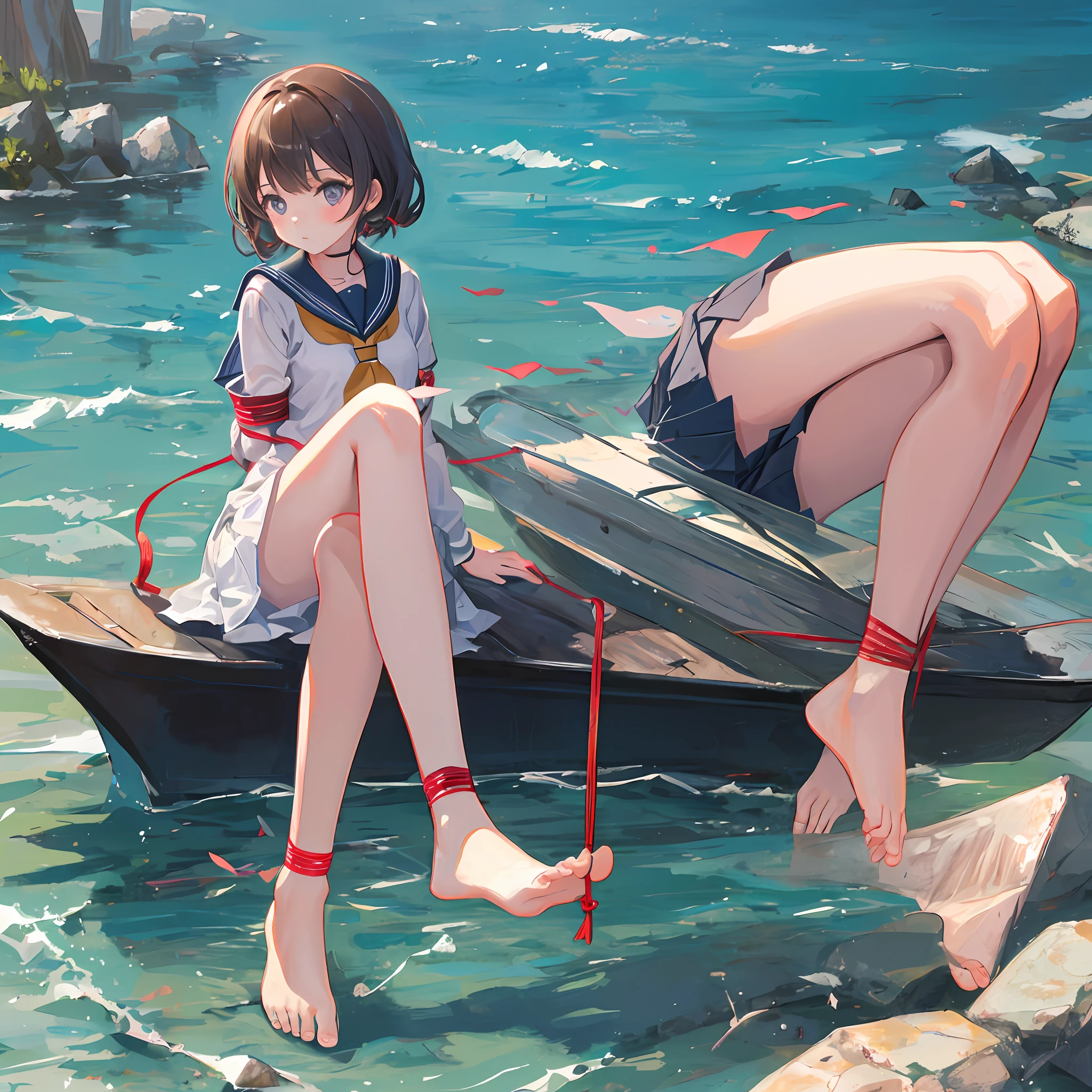 ，JK sailor suit，Bondage，quadratic element，Cute  girl，The barefoot，Ruddy feet，