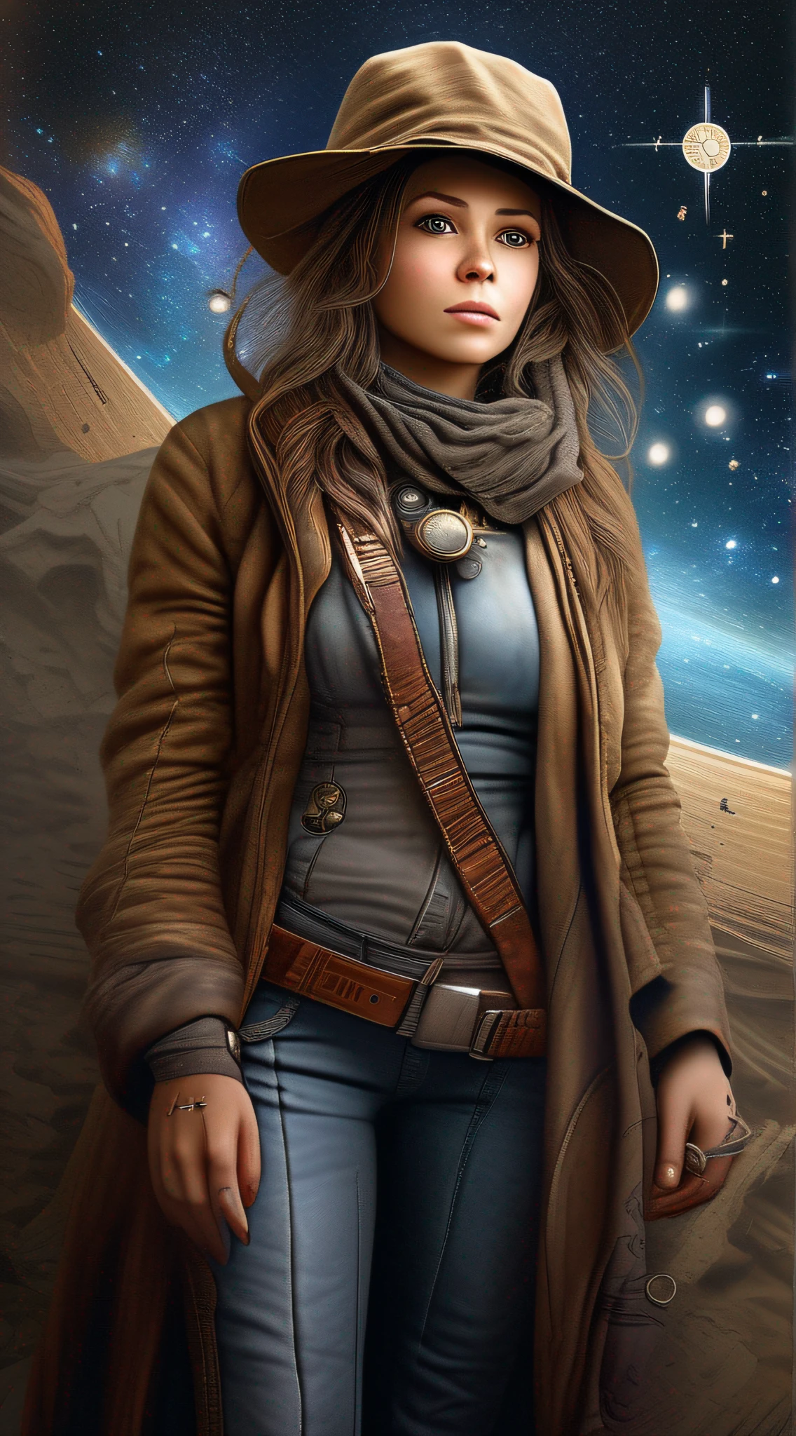 time traveler, full length, full length photorealistic beautiful woman portrait, amazing realistic photo, hyper realistic cover, amazing full color photo, intricate. definition of manifestation, cinematic, style of jean-baptiste monge, galaxy, stars, planets, 16k