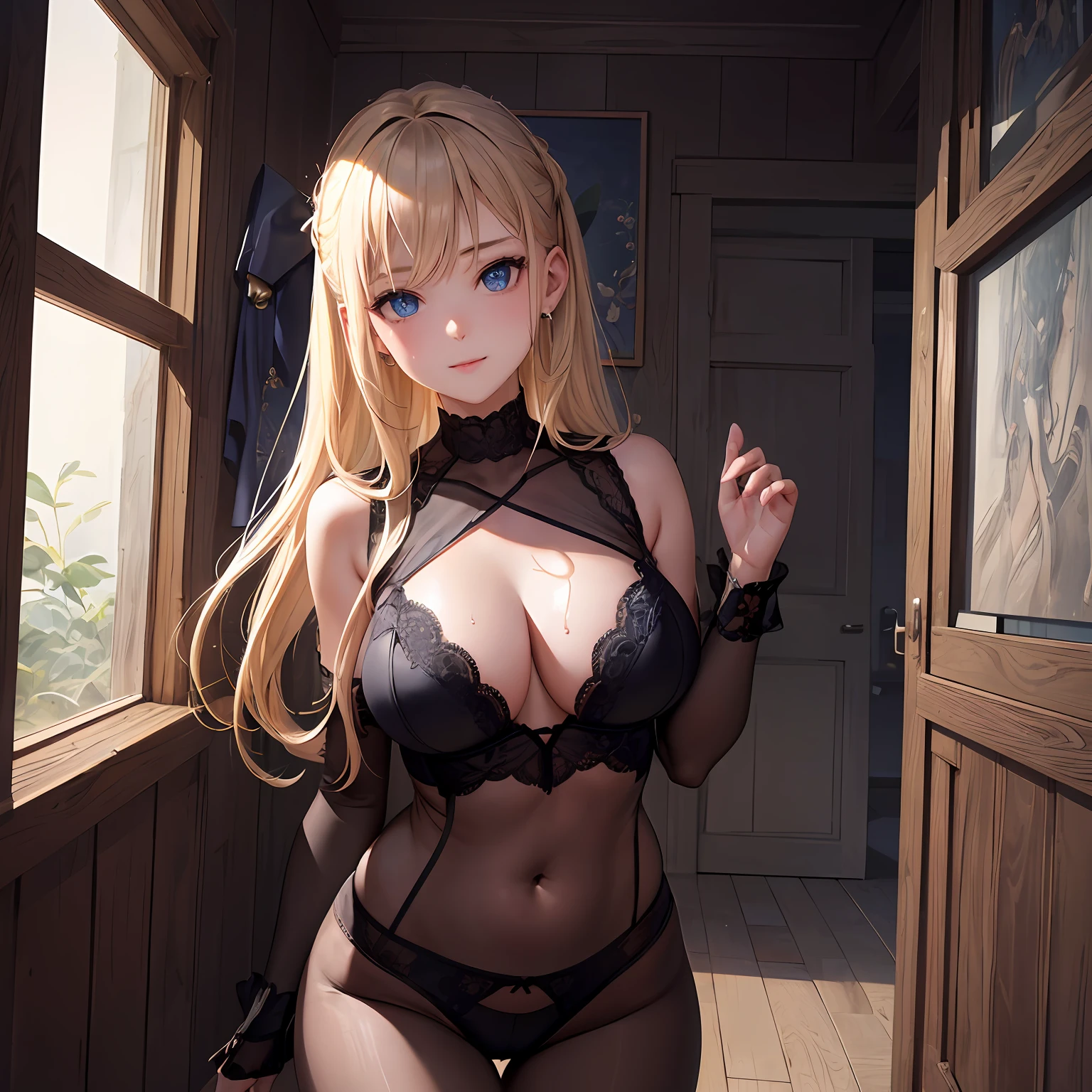 (A hyper-realistic), (illustratio), (hight resolution), (8K), (ighly detailed), (The best illustrations), (beautifully detailed eyes), (top-quality), (ultra-detailliert), (masterpiece), (wall-paper), (详细的脸), 独奏, 1 girl in, looking at the viewers, finely detail, A detailed face, murky, deep-shadows, demure, pureerosfaceace_v1, A smile, A half body, Transparent invisible underwear, long legged, big breasts thin waist, s ass, Ultra-thin makeup, invisible clothes, Legs apart、Solo 、Scandinavian style face、a blond、Iro Gigi、Sheer underwear、pretty nipple、Deld、Squat inserts、It's wet、Beautiful blue eyes ,Hip swing、Expressive、Nipple protrusions、Wet blouse、Pubic area revealed、Naughty lingerie、The sheen、satin、 girl、