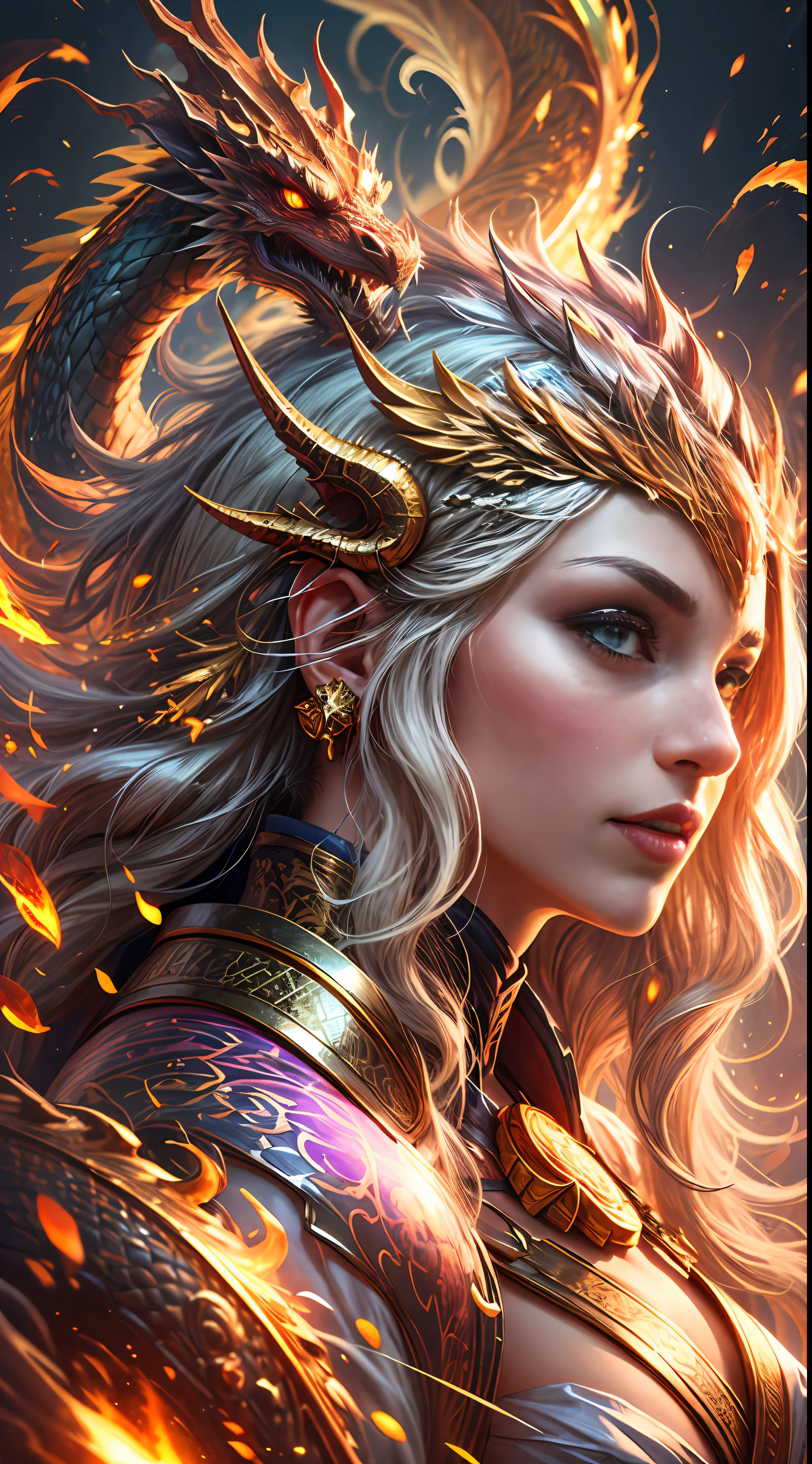 Amazing illustration of the dragon behind the beautiful girl, Beautiful rainbow kimono, masutepiece, A golden dragon surrounded by gold dust, Wind, God, Long wavy body, tusks, fantasy, mito, High quality, Highly detailed, masutepiece, Epic, Particle effect, Dynamic effects, Eyes are crystals, good luck, gold background, Wealth is on the rise, gold, One head, Realistic, Dragon God, The background is golden, 7 colors of brilliance, Grand,