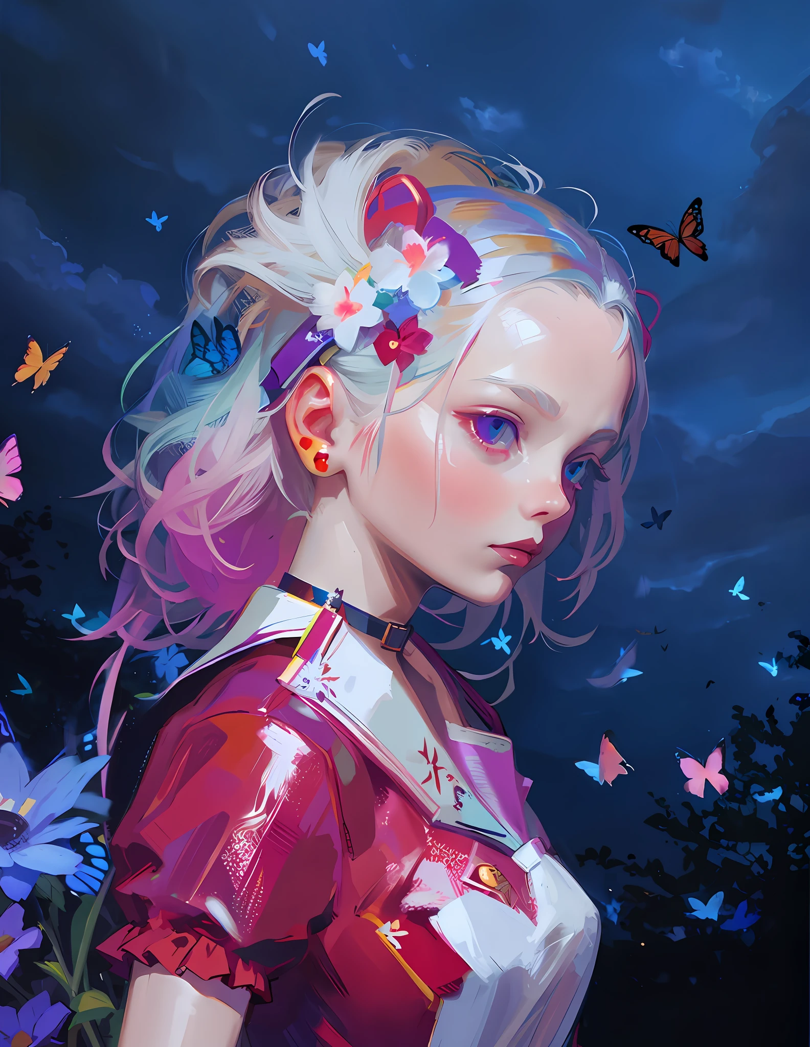 a sky with clouds, colorful butterflies