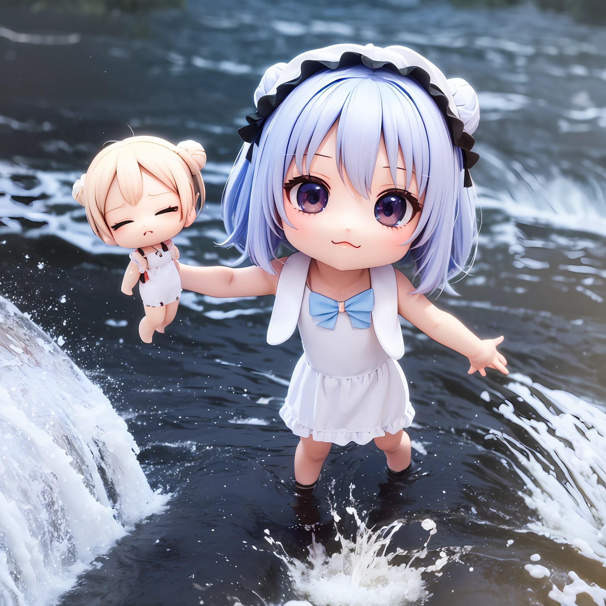 ​masterpiece　(((chibi 3d))) Detailed cute face chibi　Petit　Pale blue bun hair　Pure white volume ruffle dress　Niagara Falls　splashing　Pale rainbow　Dazzling light　Chibi 1 --auto