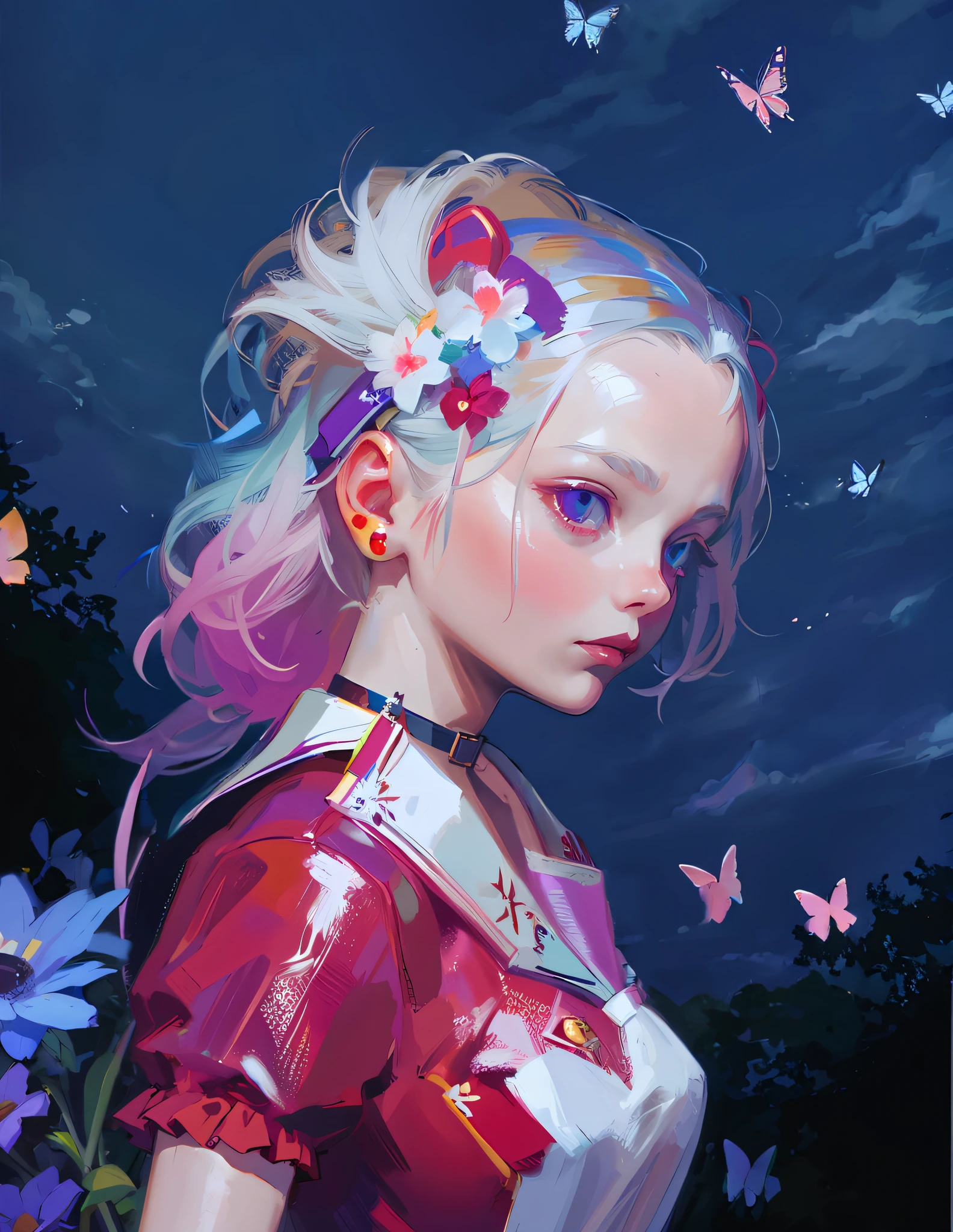 a sky with clouds, colorful butterflies