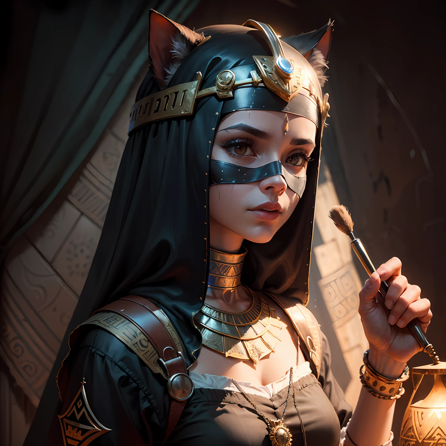 (fotorrealista: 1.5), retrato, a woman wearing a blind mask, (female pharaoh), colar alado, tom mapeado, detalhado, altamente detalhado, pintura digital, Artistic Station, arte conceitual, suave, foco nítido, beautiful illustration, foto, retroiluminado , dynamic lighting, nevoeiro, complexo, film granulation, profissional, voltado para o espectador, (belo m3d_woman, prefeito m3d_face), volumeric lighting, Subsurface dispersion, bons destaques, bom sombreamento, cinemactic, (alta qualidade, premiado, obra-prima: 1.6) , cat --auto