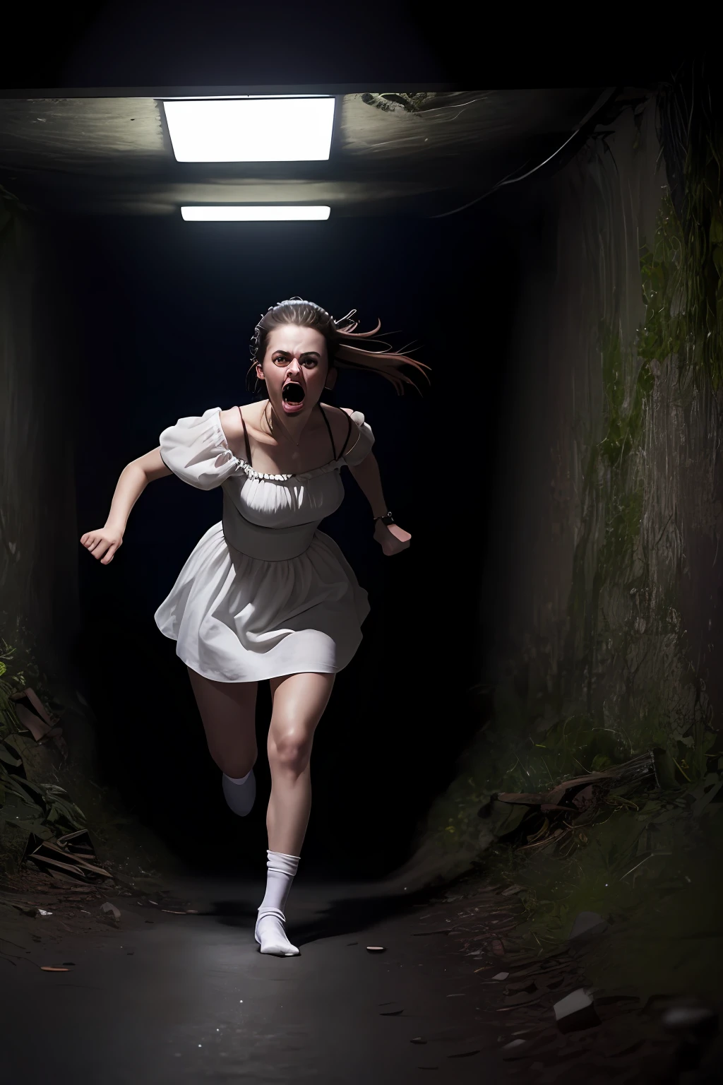 horror art, dread, Best quality, masterpiece, ultra high res, (photorealistic:1.4), 1girl, white dress, white socks, Action shot of terrifying ghost chasing after the viewer, dynamic running, in a decrepit underground tunnel in Hell, creepy, unnerving, unsettling, terrifying, 80mm, horror lighting, dynamic action, high detail, high res, best quality, 16k
