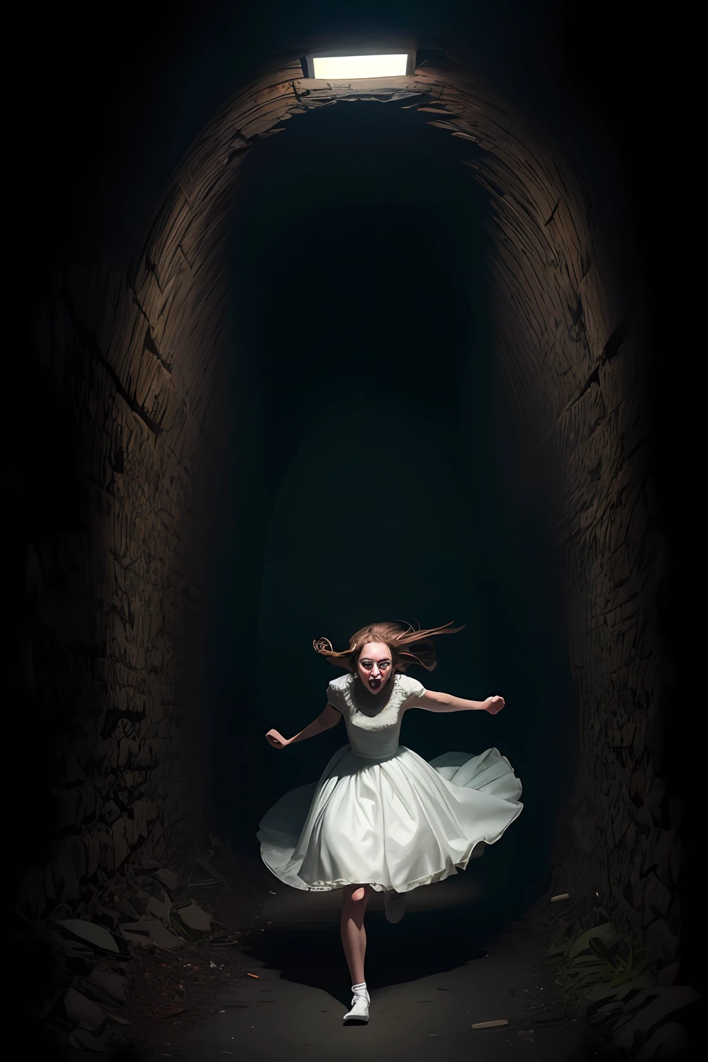 horror art, dread, Best quality, masterpiece, ultra high res, (photorealistic:1.4), 1girl, white dress, white socks, Action shot of terrifying ghost chasing after the viewer, dynamic running, in a decrepit underground tunnel in Hell, creepy, unnerving, unsettling, terrifying, 80mm, horror lighting, dynamic action, high detail, high res, best quality, 16k