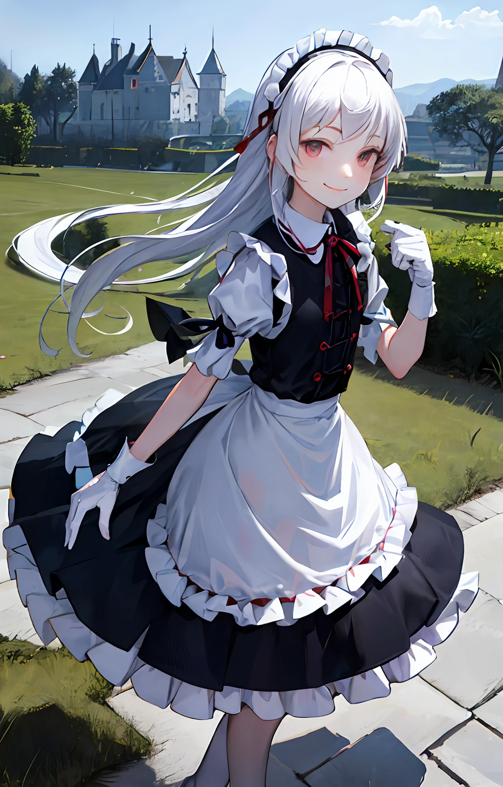 (Photorealistic:1.4), The white-haired loli danced in the castle in Lolita with a smile on her face