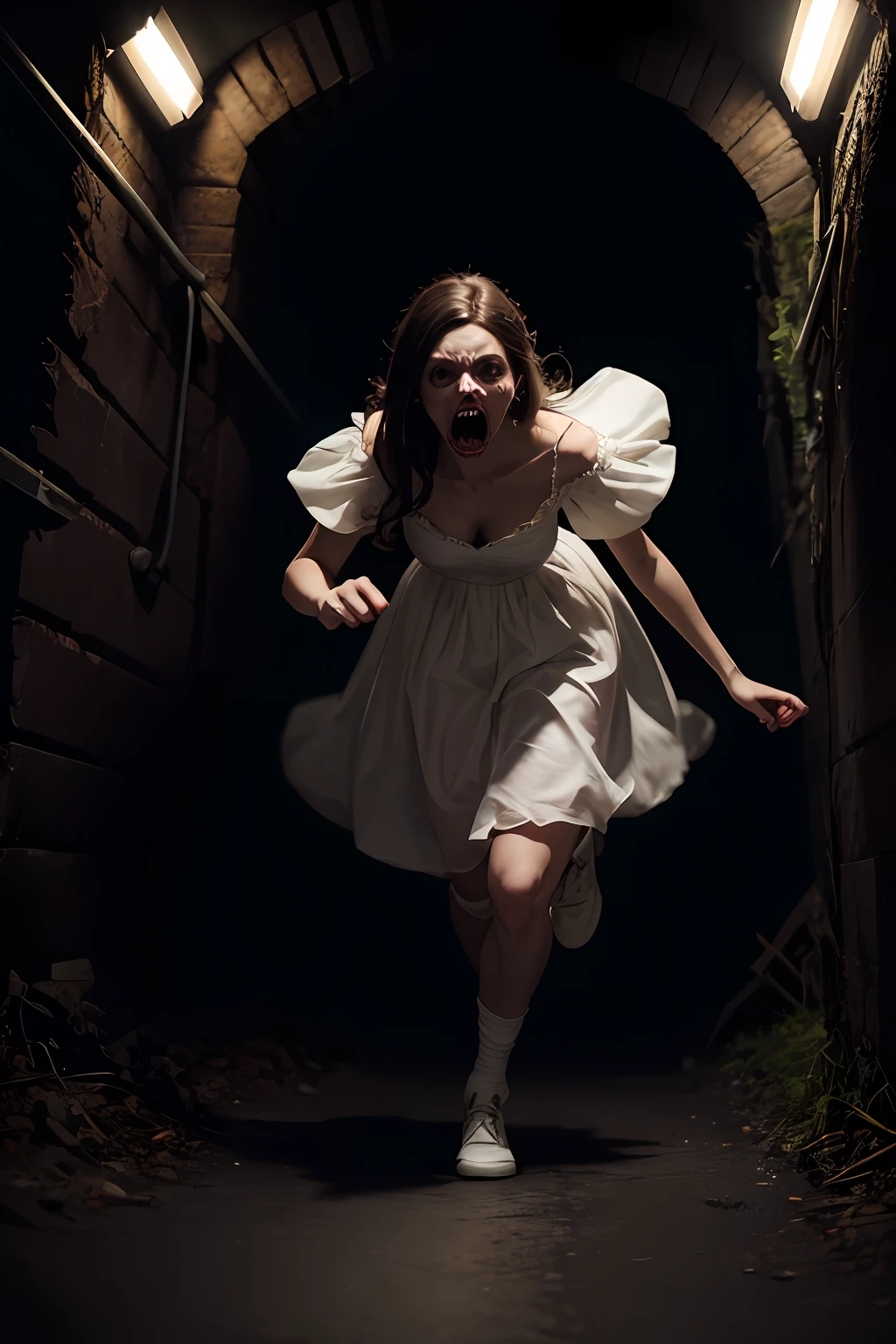 horror art, dread, Best quality, masterpiece, ultra high res, (photorealistic:1.4), 1girl, white dress, white socks, Action shot of terrifying ghost chasing after the viewer, dynamic running, in a decrepit underground tunnel in Hell, creepy, unnerving, unsettling, terrifying, 80mm, horror lighting, dynamic action, high detail, high res, best quality, 16k