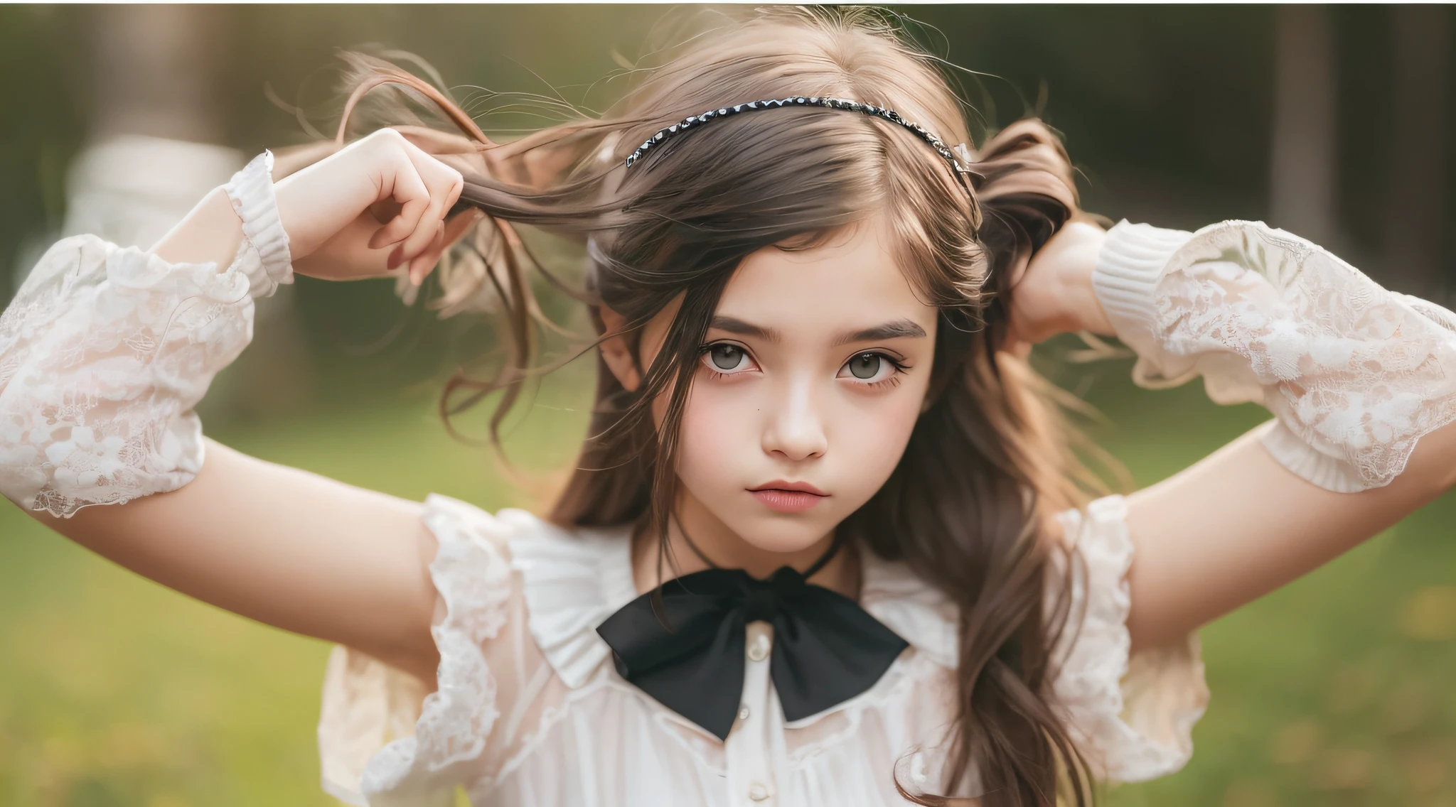CHILD girl with a black bow and a black dress, girl with dark brown hair, girl with brown hair, black hair ribbons, a beautiful teenager-old, wearing hair bow, young girl, brown hair and big eyes, half-length photo, photo of young woman, young, beautiful girl, she is about 1 6 