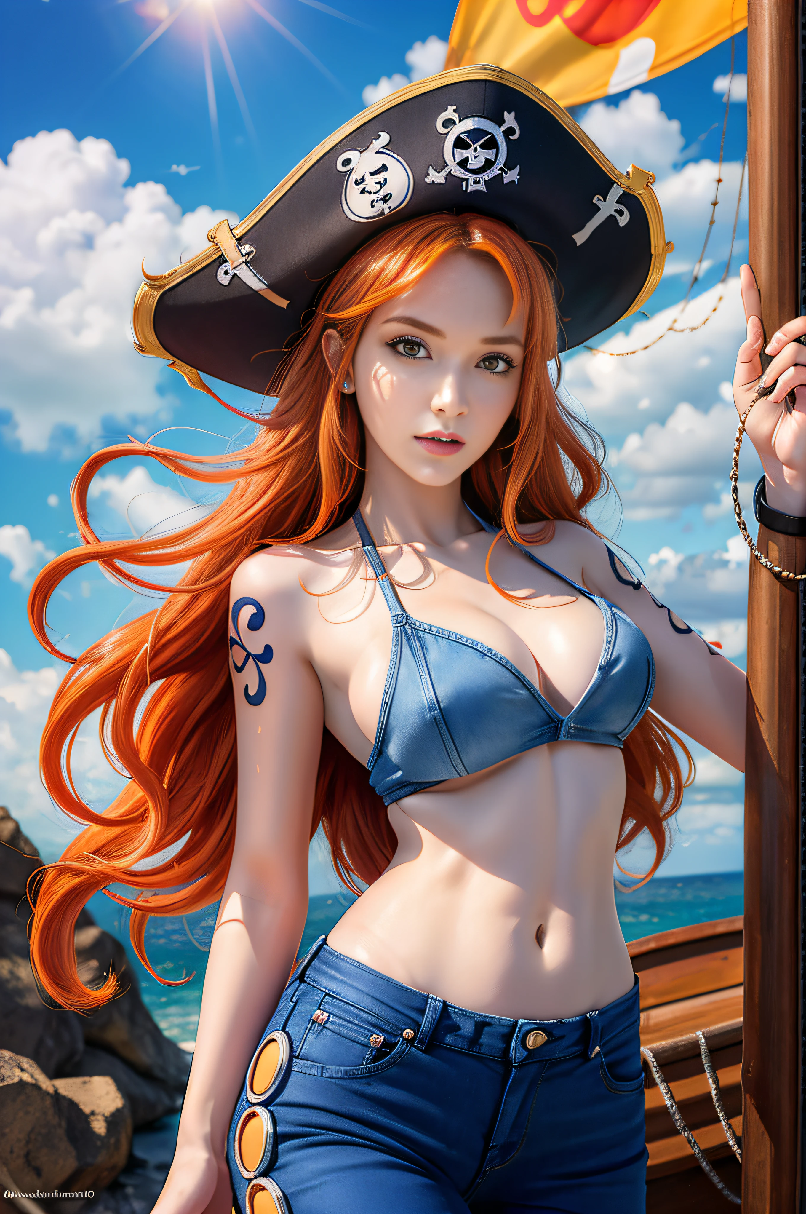 (((masterpiece+best quality+high resolution+ultra-detailed))), nami\(one piece\), long silky orange hair, high nose, sharp eyes, noble and inviolable temperament, (([female]: 1.2 + [beauty]: 1.2 + orange long hair: 1.2)), pirate ship background, (one piece), blue sky, bracelets, bubbles, clouds, denim, pants, shoulder tatto, bright eyes, dynamic angle and posture.