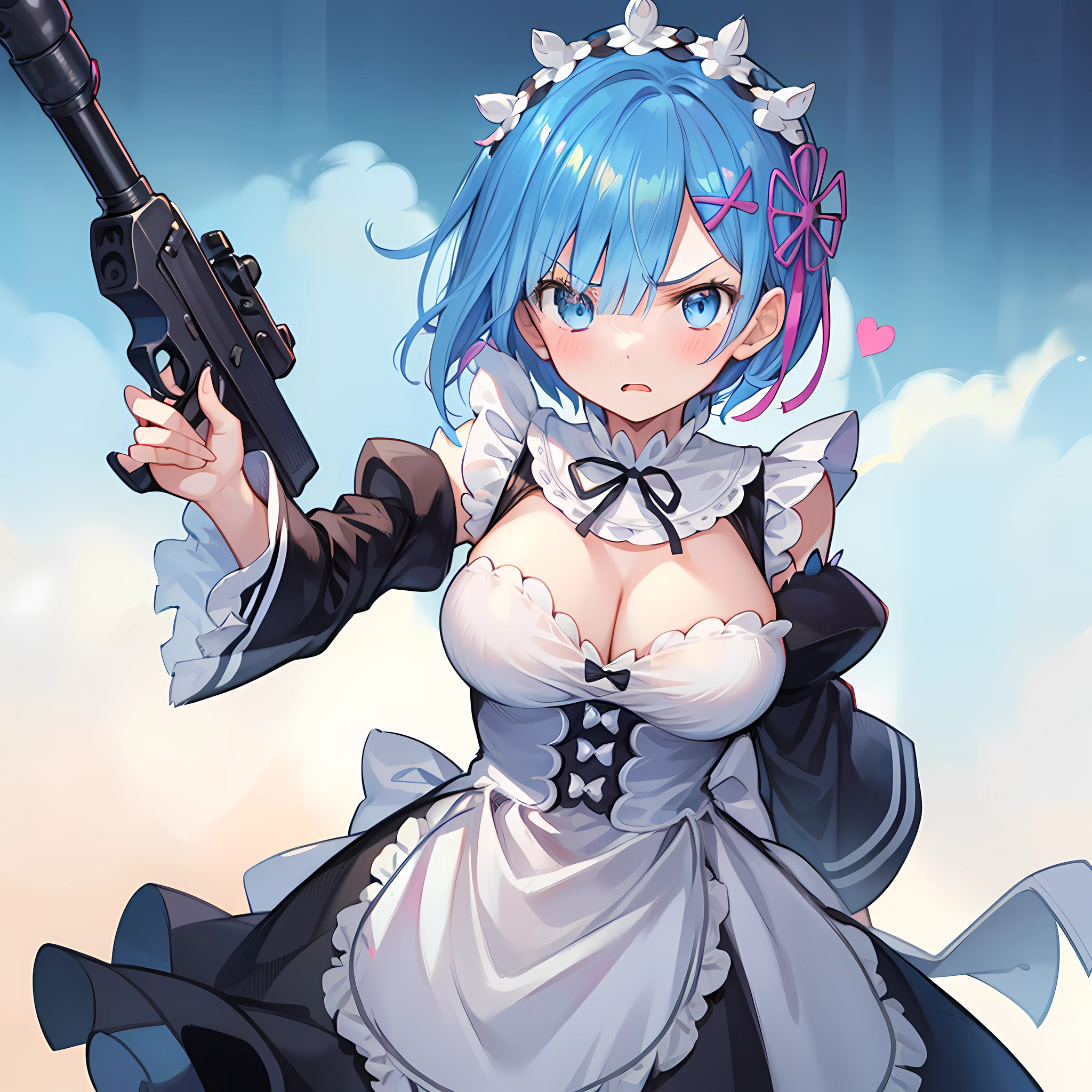 ((pixie cut)), (solo), (1girl), (light blue hair), (holding gun pistol), angry face, big boobs, looking at viewer, maid costume, rem from re:zero,