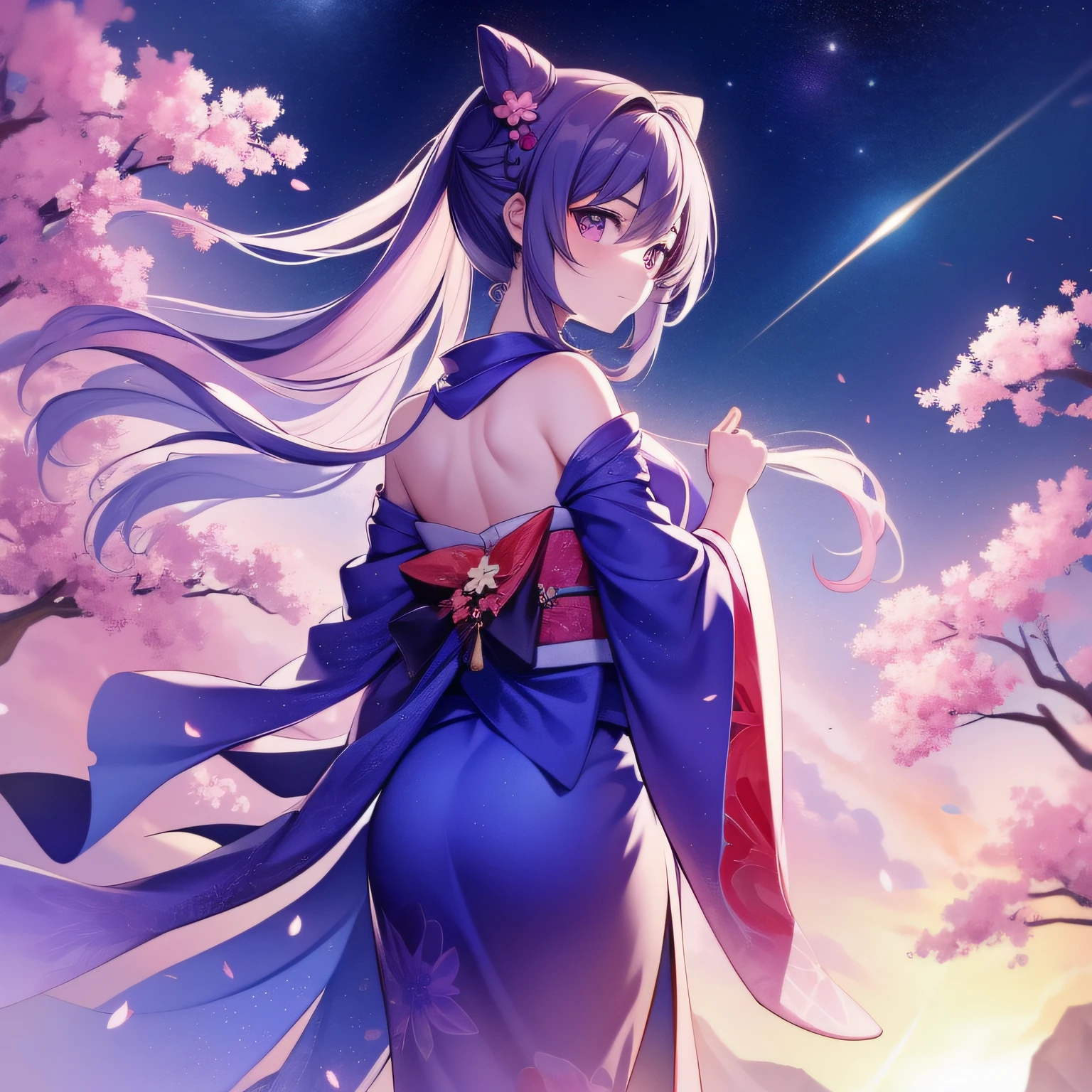 1girl, a distant girl in a kimono staring at the stars, (zoomed out: 1.1), (meteor shower: 1.2), (comet: 1.1), your name, low angle, from behind, northern lights, shooting stars, yukata, red kimono, cherry blossoms, Standing in the field, best quality, masterpiece, cloud, colorful, starry, stars,