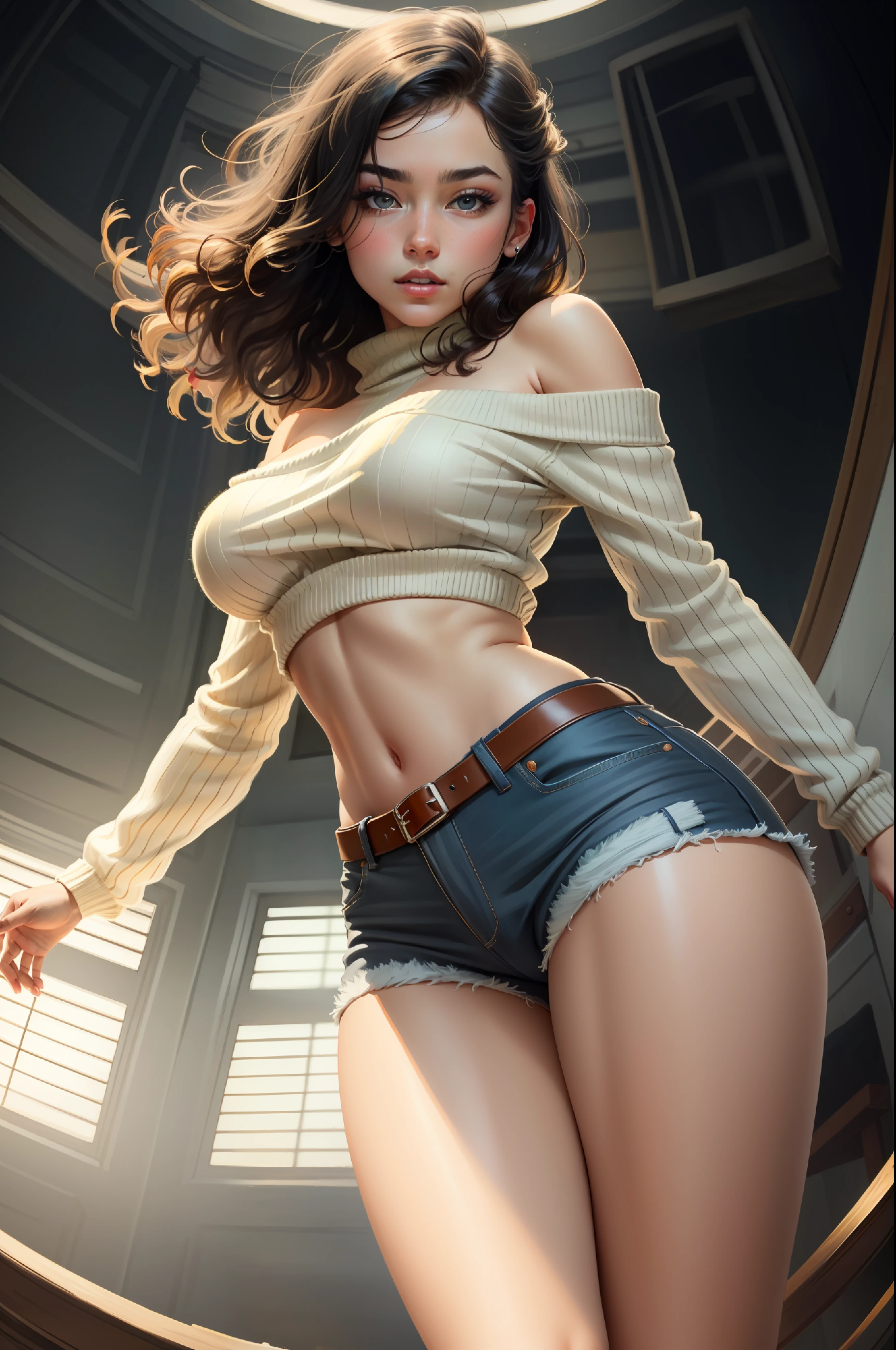 (), big boobs,(masterpiece), best quality, extremely detailed, (watercolor), bloom, delicate and beautiful, illustration, (from below),(1girl:1.4), (solo:1.2), large breasts, (ribbed sweater:1.3), off-shoulder sweater, (short shorts:1.2), bare shoulders, (underboob:1.2), ((dark skin:0.8)), beautiful eyes, (disheveled hair ), photography, over-the-shoulder shot, by Alex Maleev, professional, canon camera, nikon camera, sharp, bokeh, studio quality, fisheye lens, by Robert Capa ,