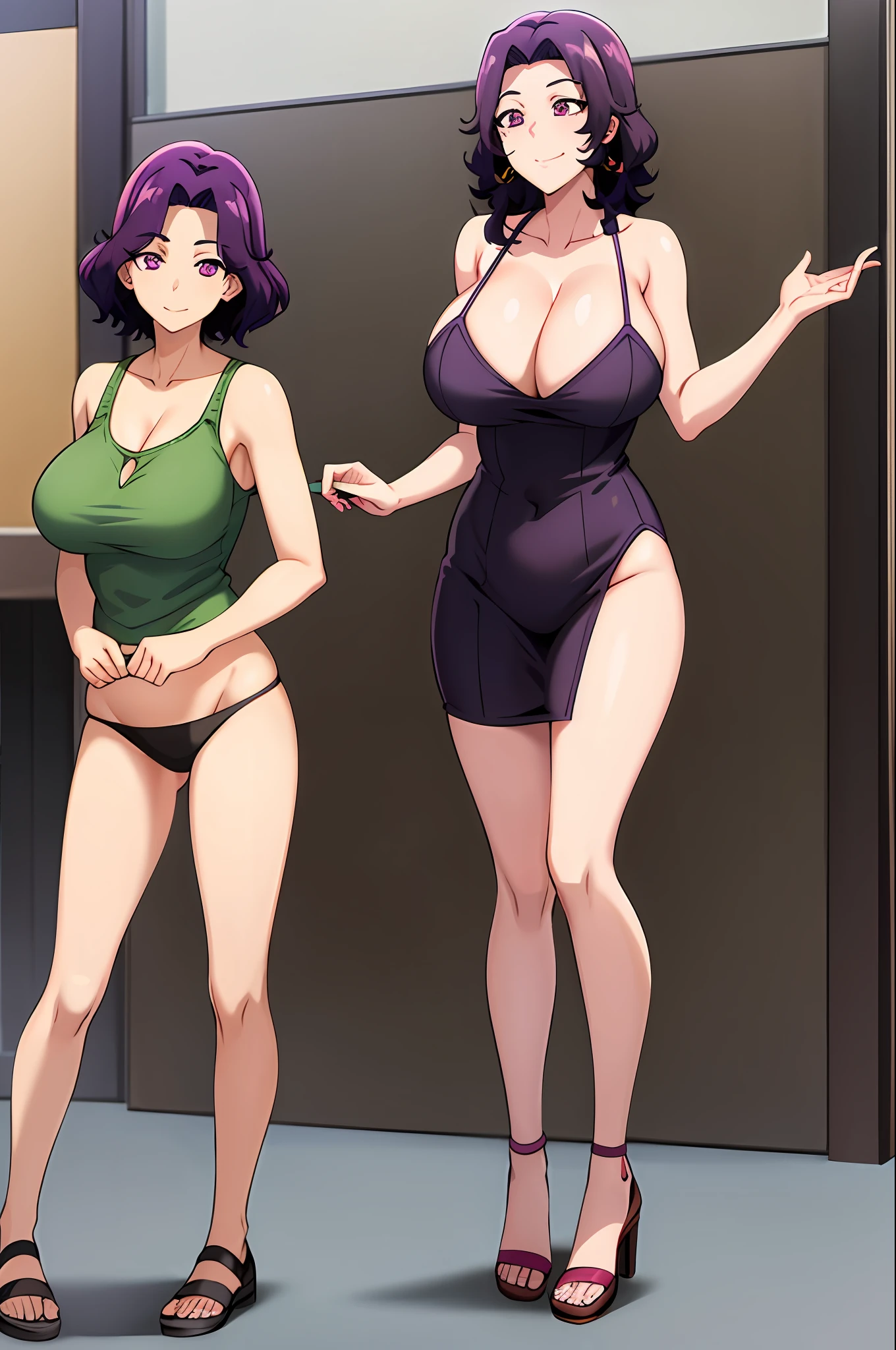 best qualityer,(tmasterpiece:1.2),highly detailed,sitted,Mature woman,
1girll, 独奏, hamaoka azusa,
looking at viewert,ssmile,,
Purple eye,Purple colored hair,short detailed hair,green-shirt,Red bra strap,Full buttocks,plumw,big breasts body