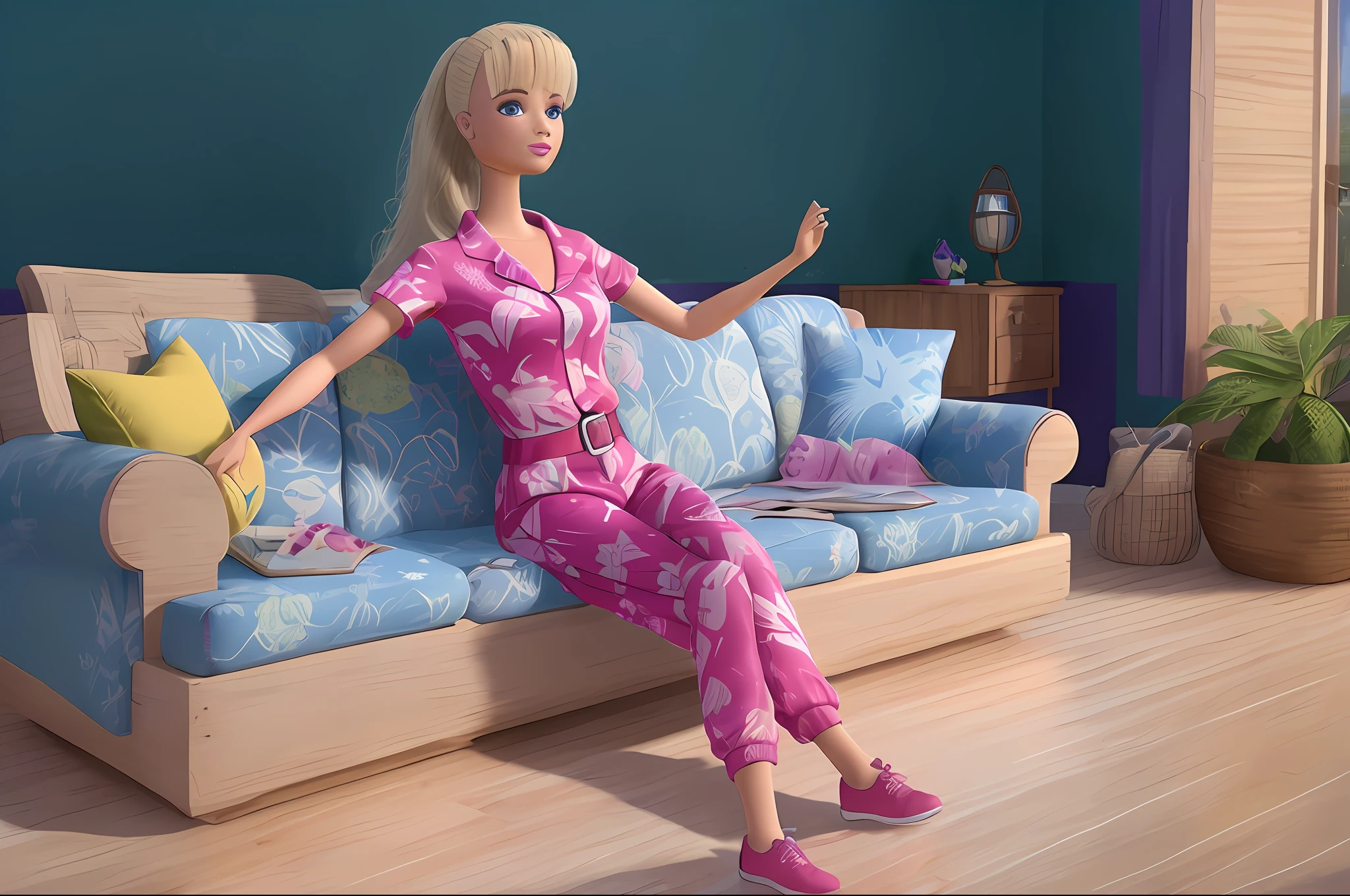 (obra-prima, melhor qualidade), Altas, (8k, Foto RAW, mais alta qualidade), ultrarrealista |, ..3d, Centralizado, (TS_Barbie), tiro no meio, (corpo inteiro: 1.2), majo, A cartoon solo girl sitting on a pink couch in a pink jumpsuit and pink belt in Pixar Style, (Aquecedores de pernas), saltos rosa, (Perfect lighting and composition: 1), soft-lighting, (alto detalhe, 8K分辨率: 1), HDR: 0.7, rosto detalhado, perfeito, (Dynamic), Posar, (alta qualidade: 1.2), plastic skin, ((brilhante: 1.3)), figura de ampulheta, sorrir, (profundidade de campo: 0.8), 50 millimeters, grain of film: 0.7, fujifilmXT3, rosto de foco, olhando para o espectador, (olhos detalhados), particle floating, Estilo, majo, maquiagem leve, batom, (cintura fina, thin arms, coxas grossas: 0.6), summer vacation, tropical, incredible composition, animado, ((volumeric lighting)), Halation: 0.5