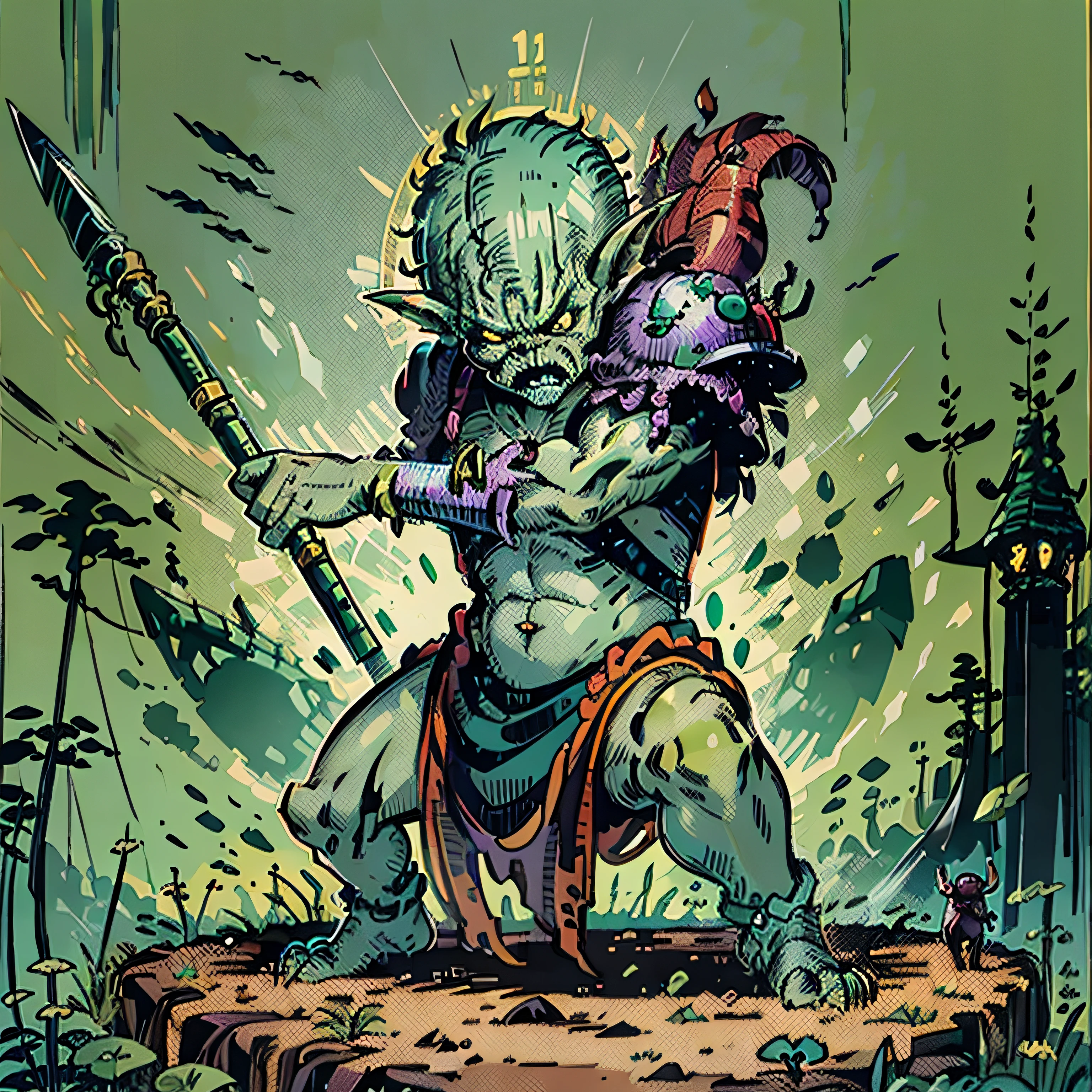 small size (goblin 1.2), (green skin), (angry face), (scary look), (only 1 creature 1.2), action pose, barbarian, thin, attacking pose, (warrior 1.2), (holding a spear 1.2)